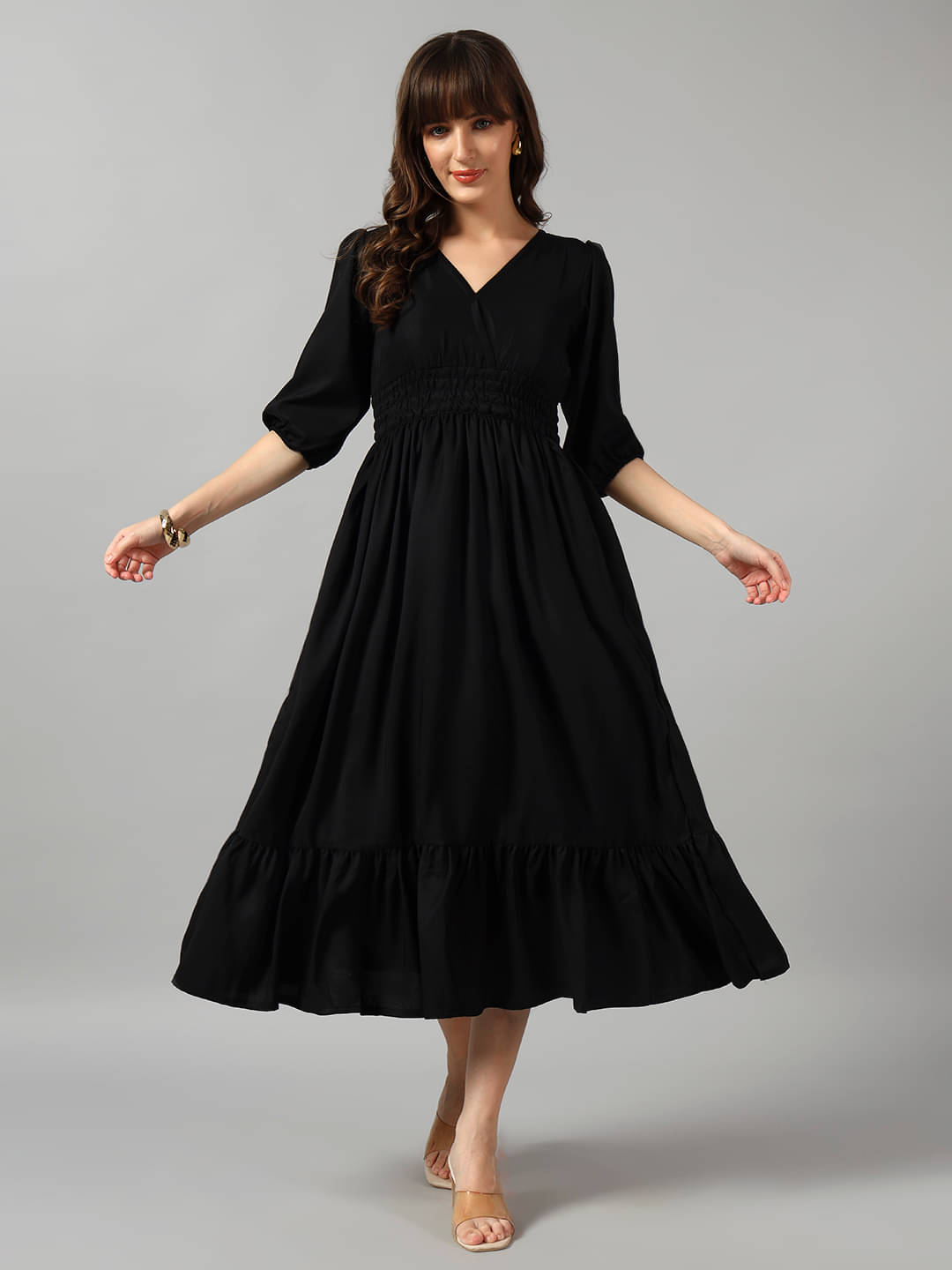     			RAIYANI FASHION Women Crepe Solid Fit & Flare Dress ( Black )