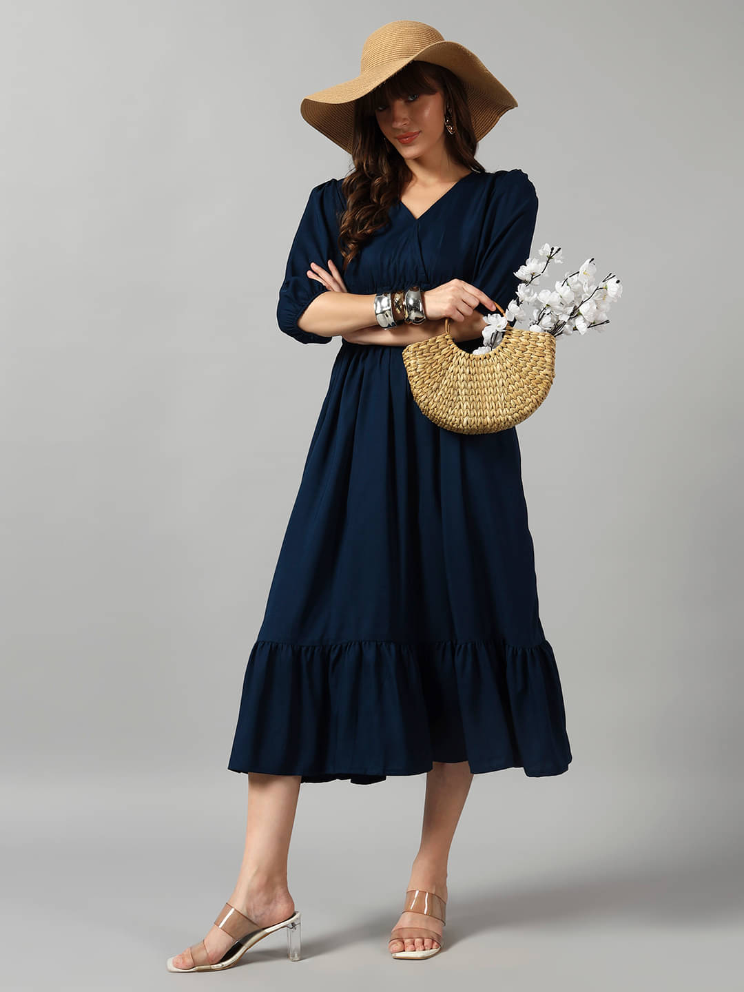 RAIYANI FASHION Women Crepe Solid Fit & Flare Dress ( Blue ) RAIYANI FASHION Women Crepe Solid Fit & Flare Dress ( Blue )