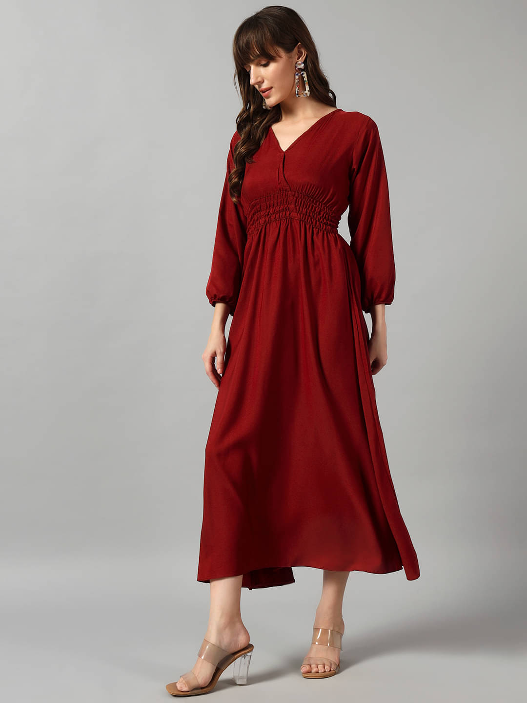     			RAIYANI FASHION Women Crepe Solid Fit & Flare Dress ( Maroon )