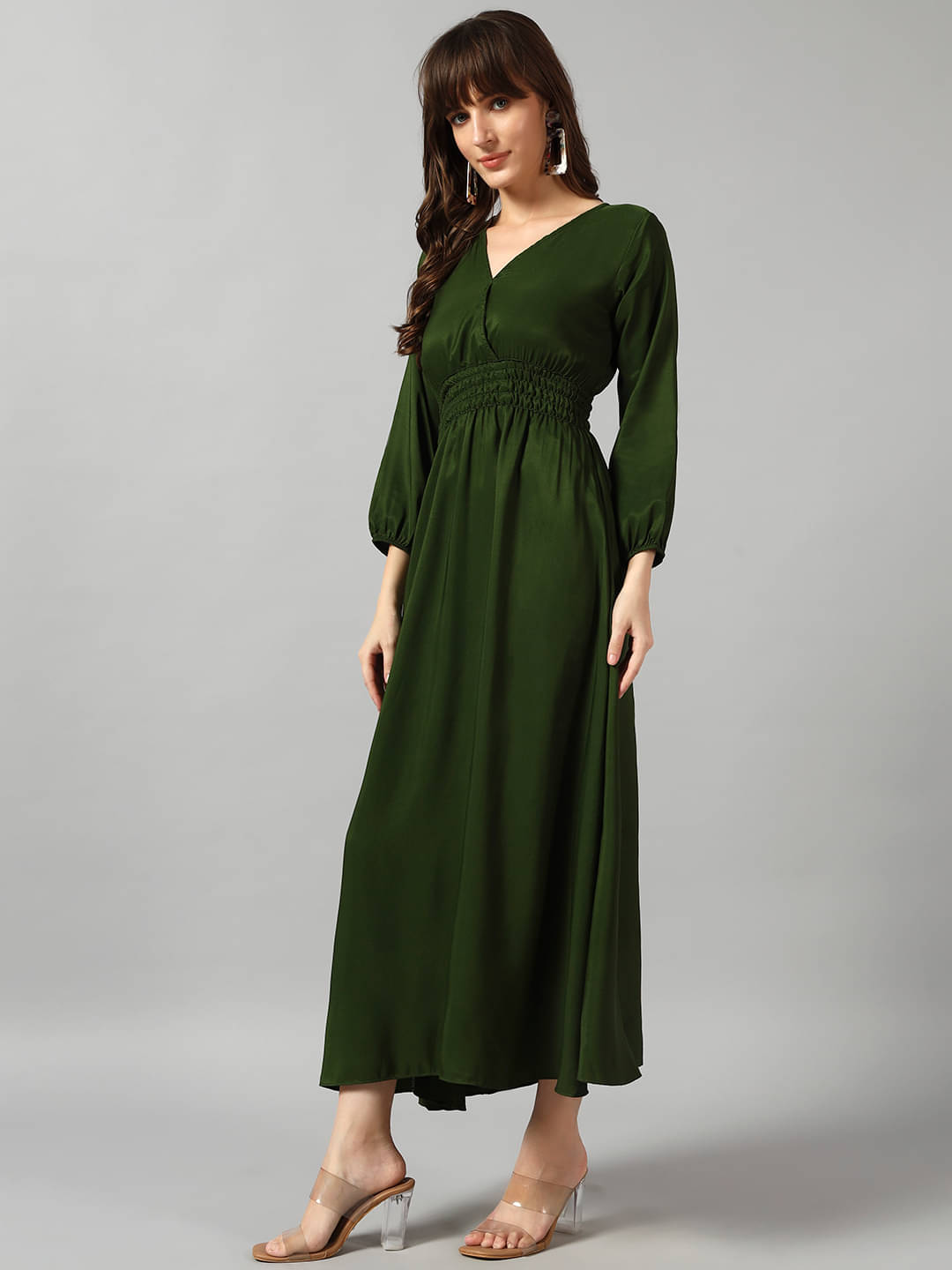     			RAIYANI FASHION Women Crepe Solid Fit & Flare Dress ( Olive )