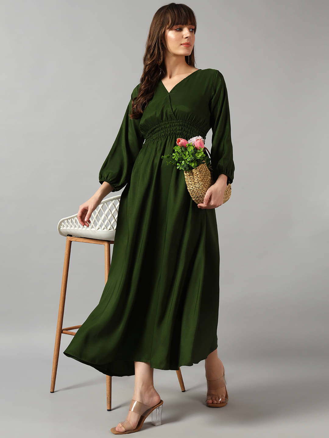 RAIYANI FASHION Women Crepe Solid Fit & Flare Dress ( Olive ) RAIYANI FASHION Women Crepe Solid Fit & Flare Dress ( Olive )