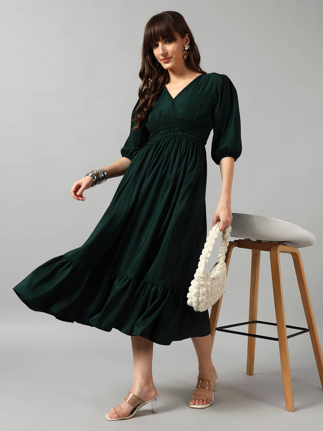     			RAIYANI FASHION Women Crepe Solid Fit & Flare Dress ( Green )