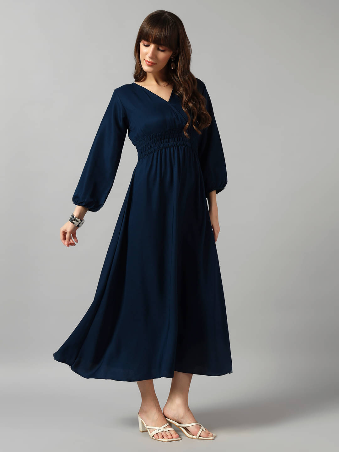     			RAIYANI FASHION Women Crepe Solid Fit & Flare Dress ( Blue )