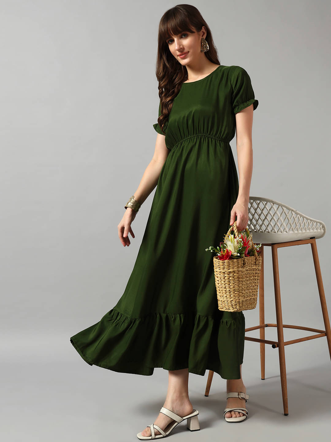     			RAIYANI FASHION Women Crepe Solid Fit & Flare Dress ( Olive )
