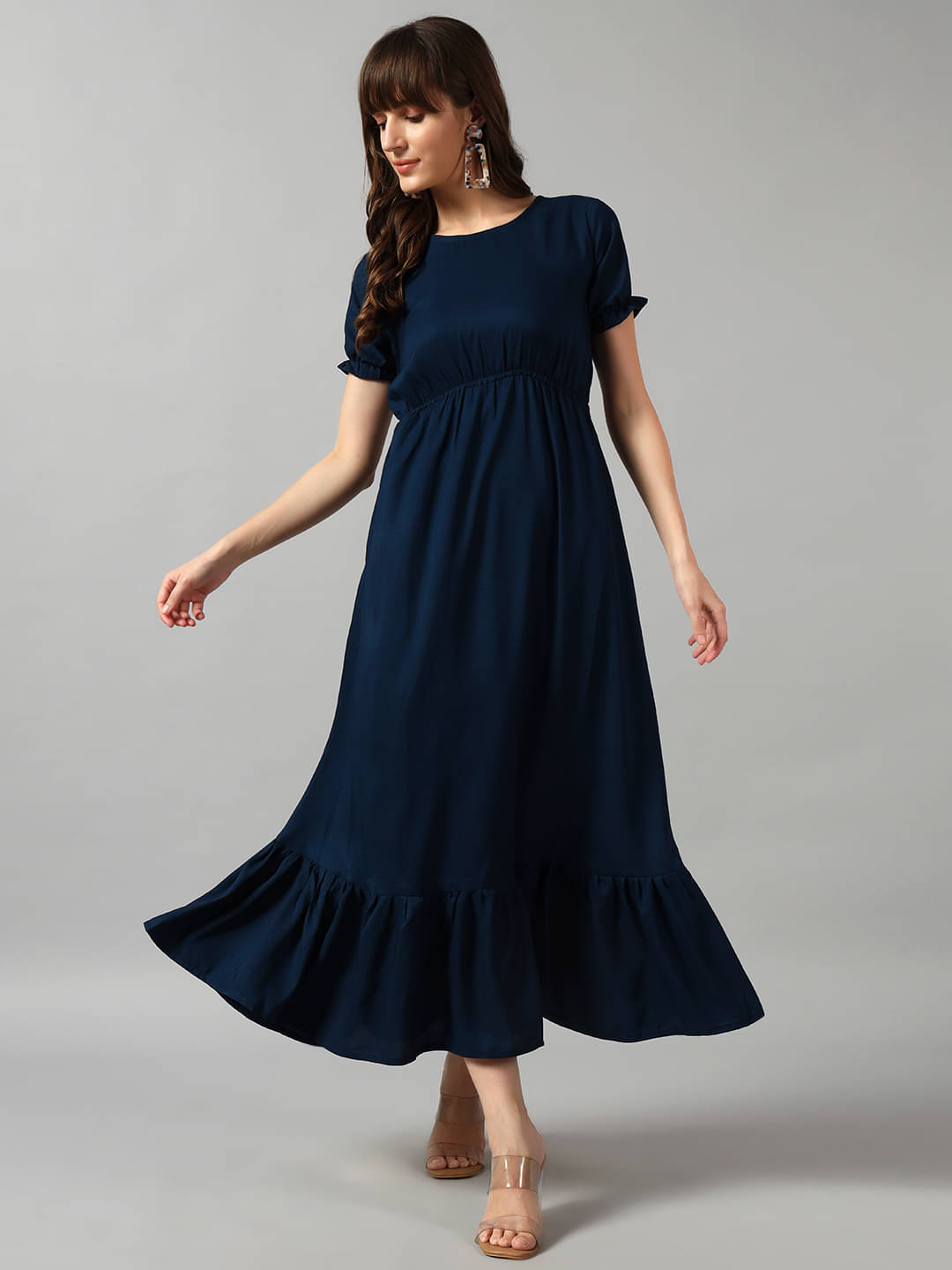    			RAIYANI FASHION Women Crepe Solid Fit & Flare Dress ( Blue )