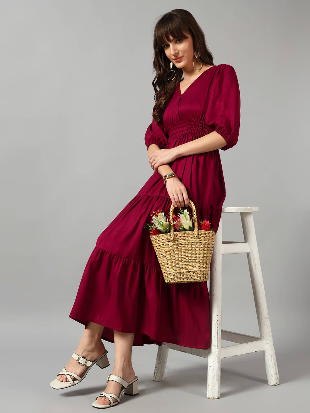     			RAIYANI FASHION Women Crepe Solid Fit & Flare Dress ( Wine )