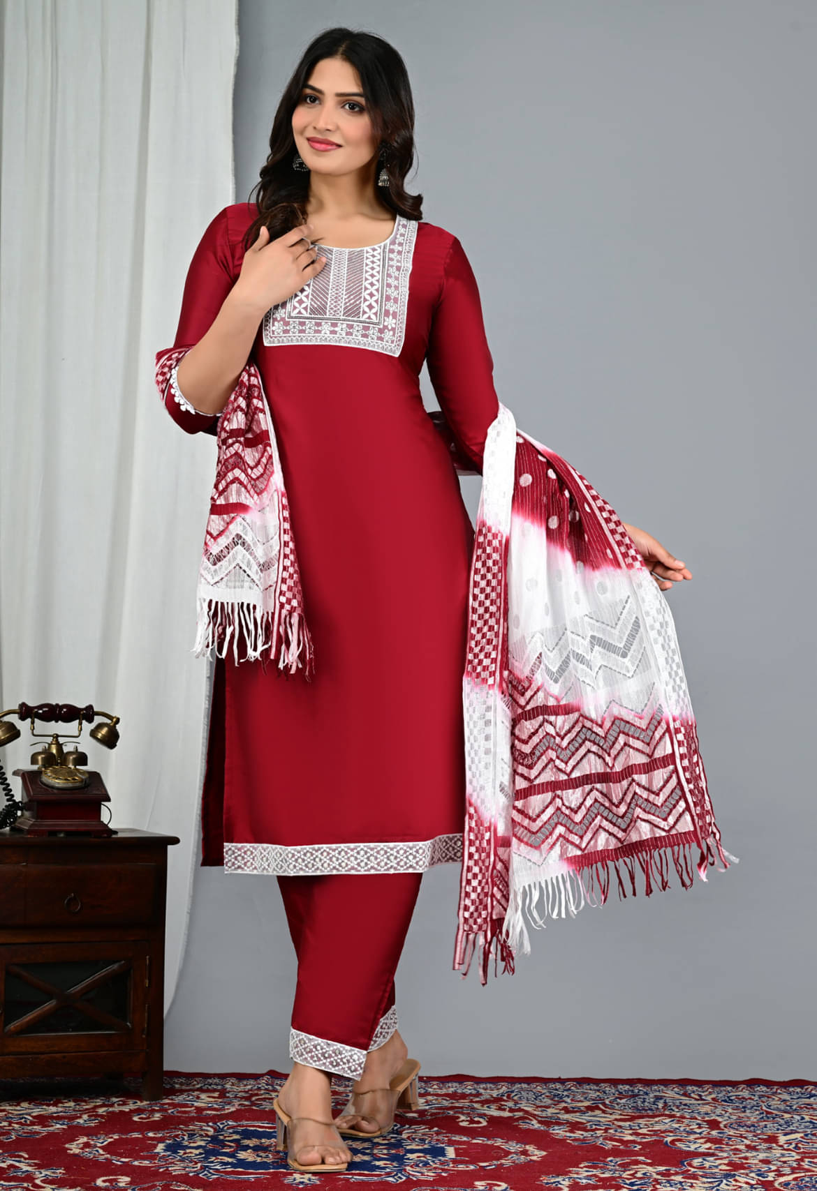    			RAMBAAN CREATION Women Silk Blend Embroidered Straight Kurti With Pants ( Maroon )