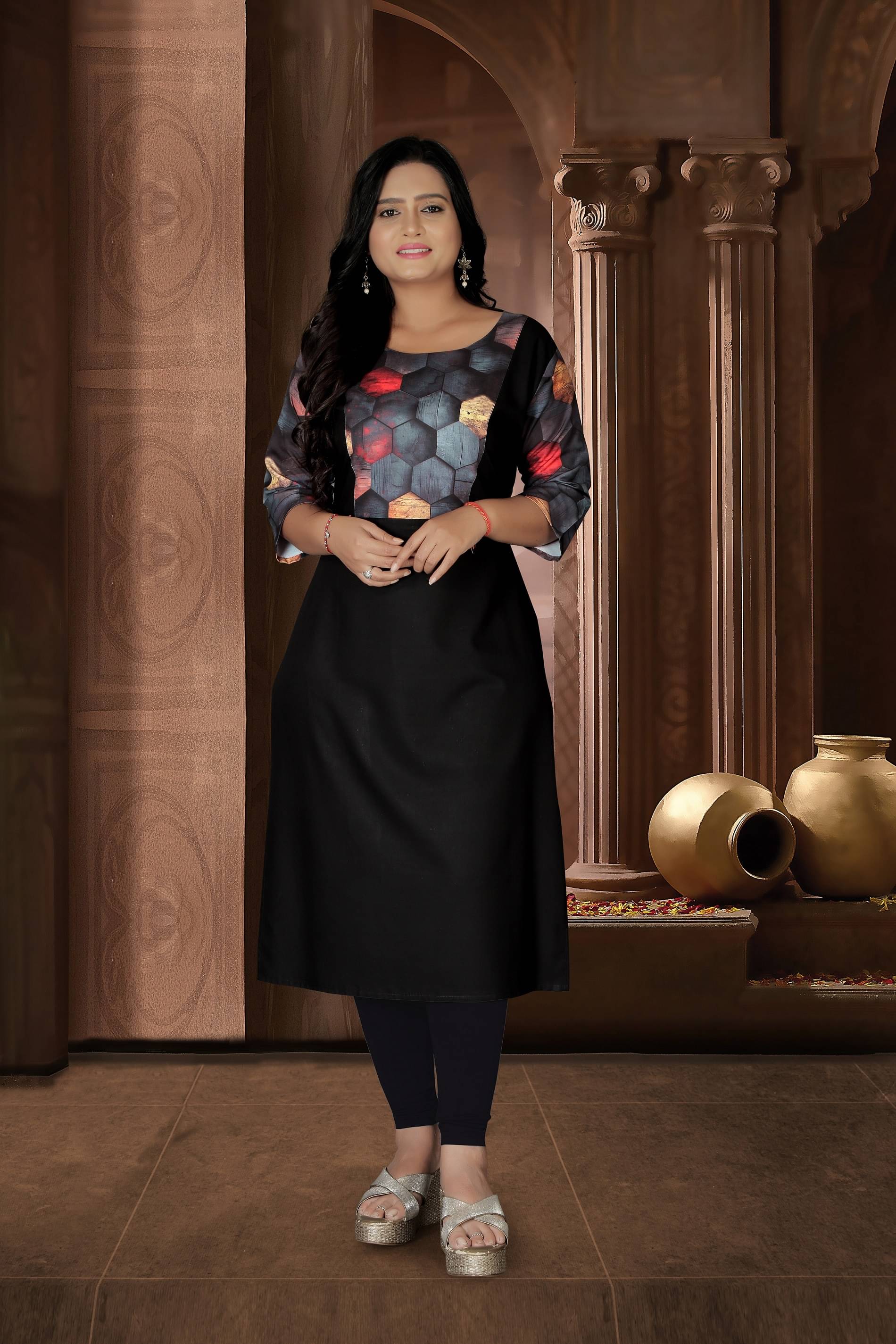 RIAANA Women Rayon Printed A-line Kurti ( Black )     			RIAANA Women Rayon Printed A-line Kurti ( Black )