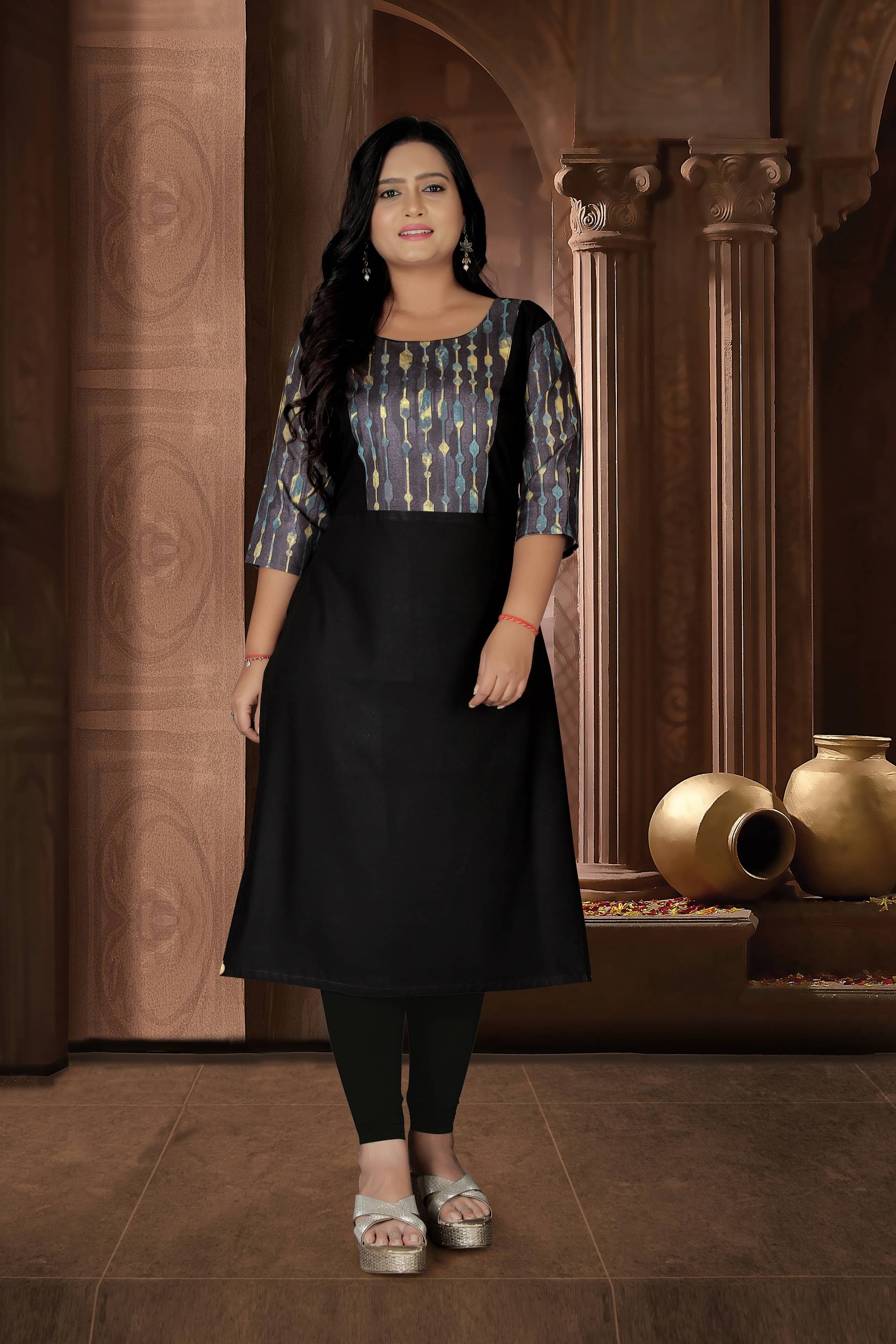     			RIAANA Women Rayon Printed A-line Kurti ( Black )
