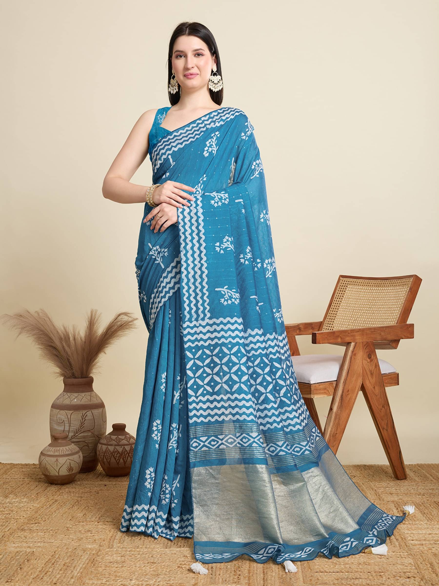 Rangtulika Ethnics Cotton Printed Banarasi saree With Unstitched Blouse Piece ( Blue ) Rangtulika Ethnics Cotton Printed Banarasi saree With Unstitched Blouse Piece ( Blue )