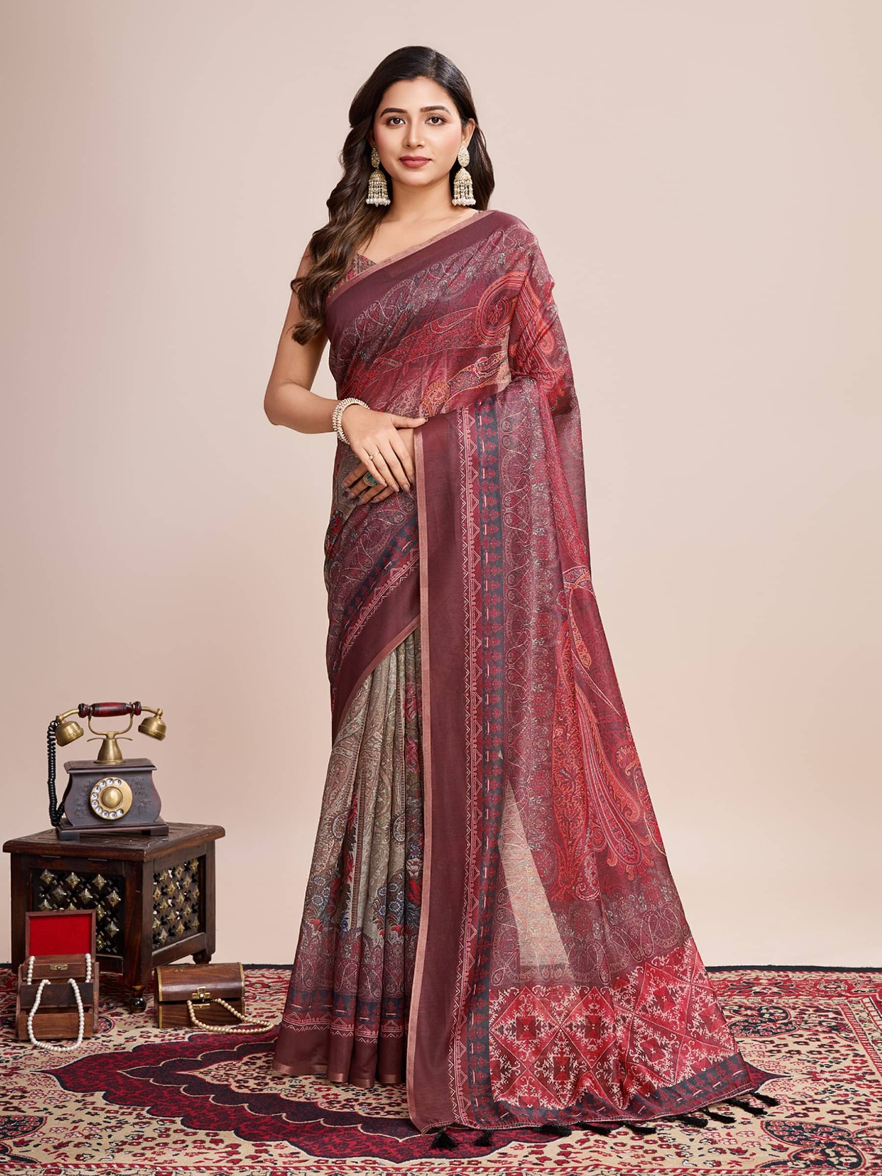 Rangtulika Ethnics Linen Printed Banarasi saree With Unstitched Blouse Piece ( Maroon )     			Rangtulika Ethnics Linen Printed Banarasi saree With Unstitched Blouse Piece ( Maroon )