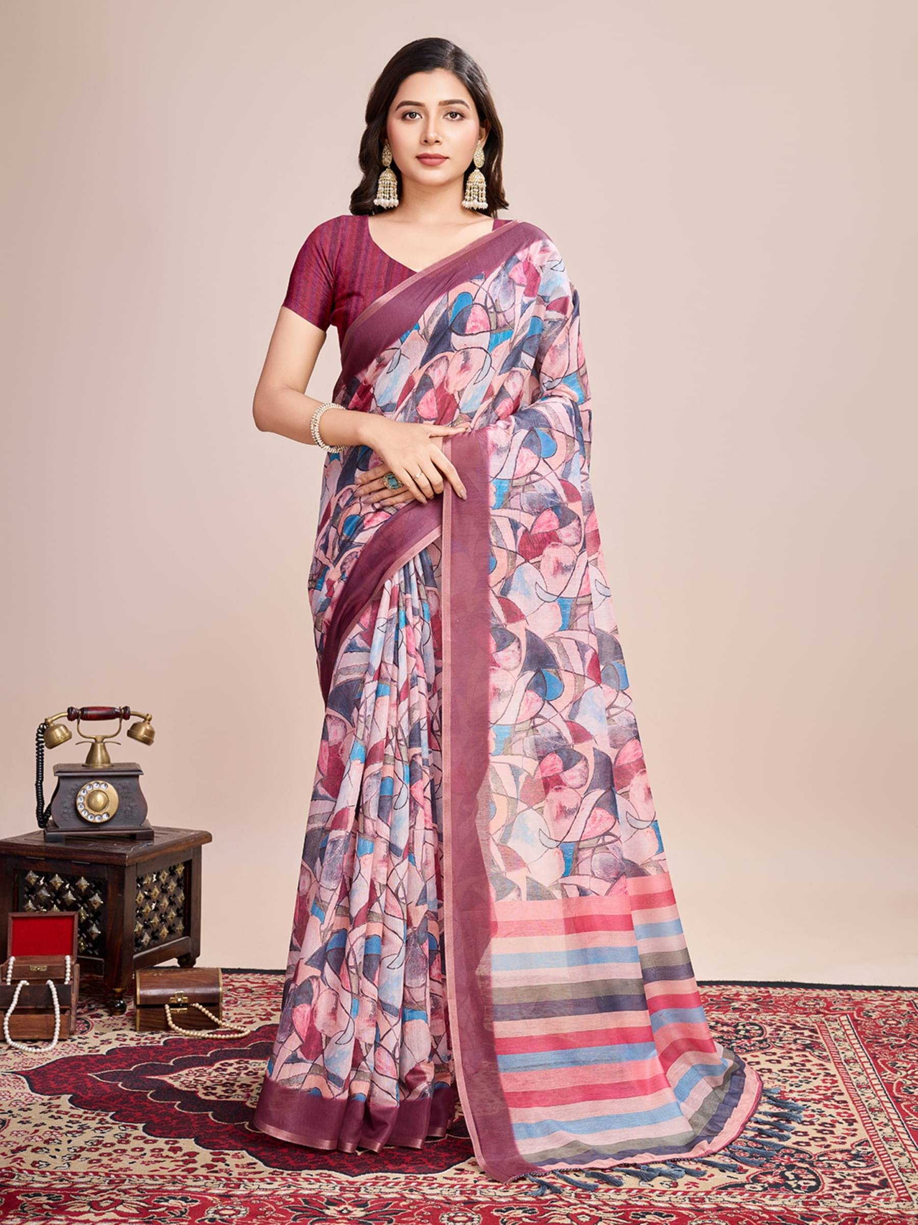 Rangtulika Ethnics Linen Printed Banarasi saree With Unstitched Blouse Piece ( Wine )     			Rangtulika Ethnics Linen Printed Banarasi saree With Unstitched Blouse Piece ( Wine )
