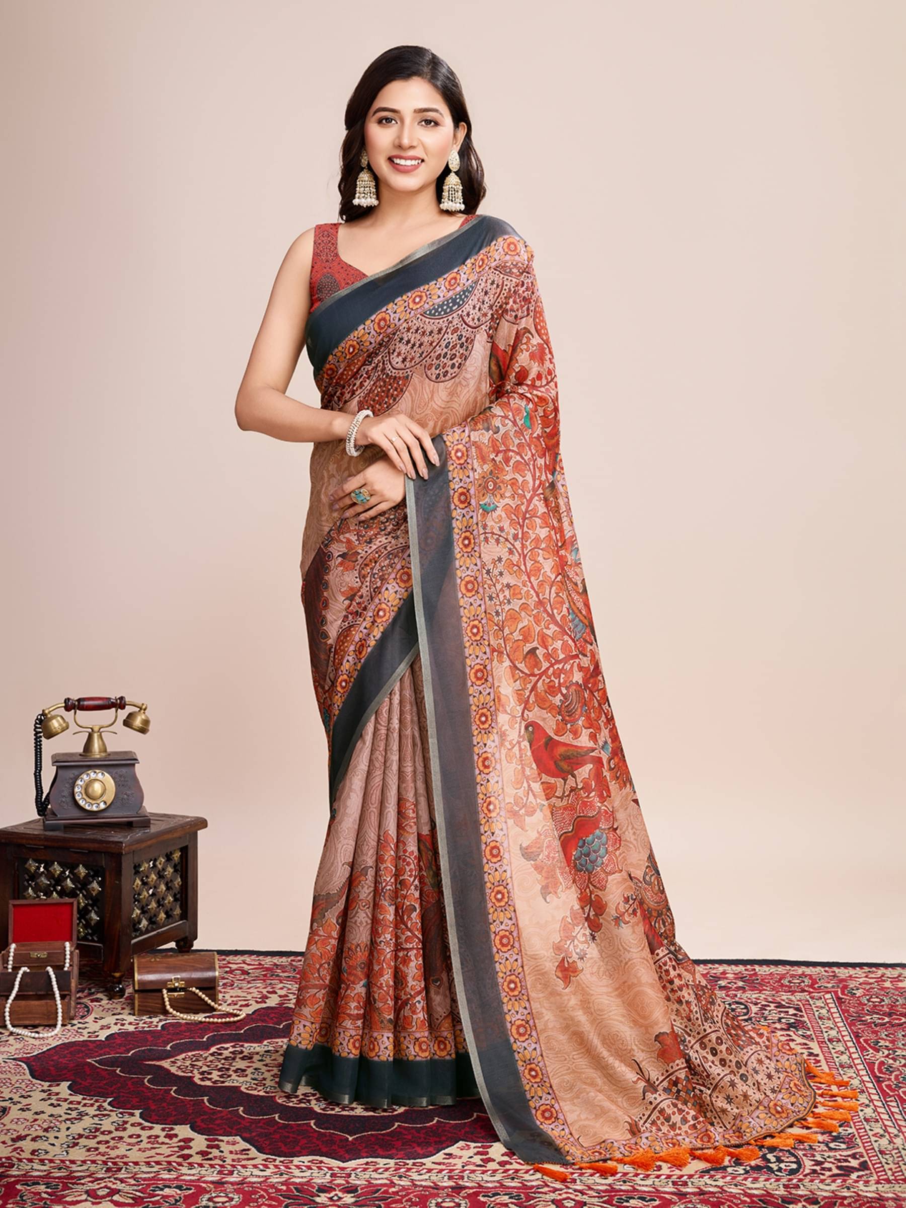     			Rangtulika Ethnics Linen Printed Banarasi saree With Unstitched Blouse Piece ( Orange )