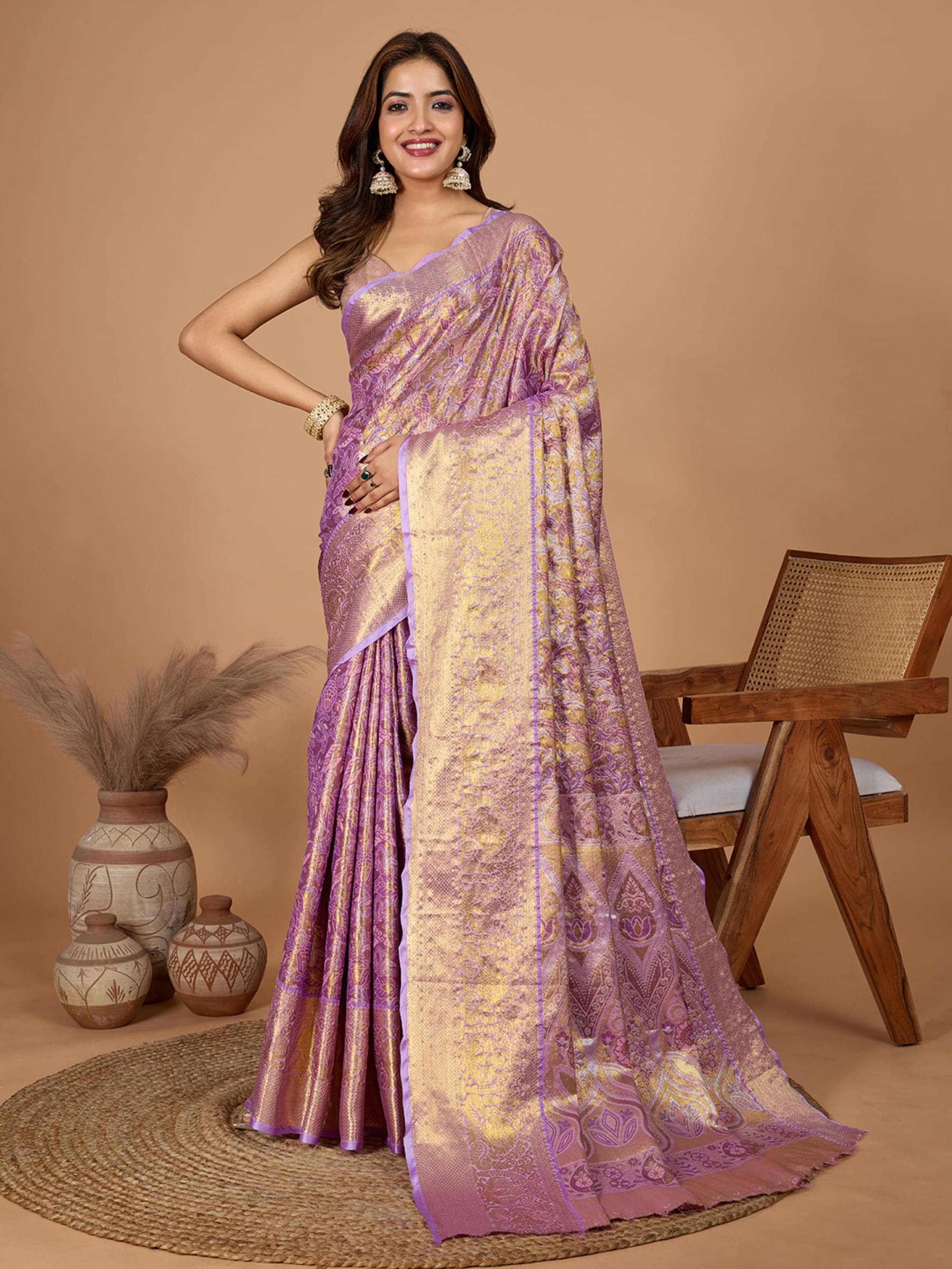     			Rangtulika Ethnics Silk Printed Banarasi saree With Unstitched Blouse Piece ( Lavender )