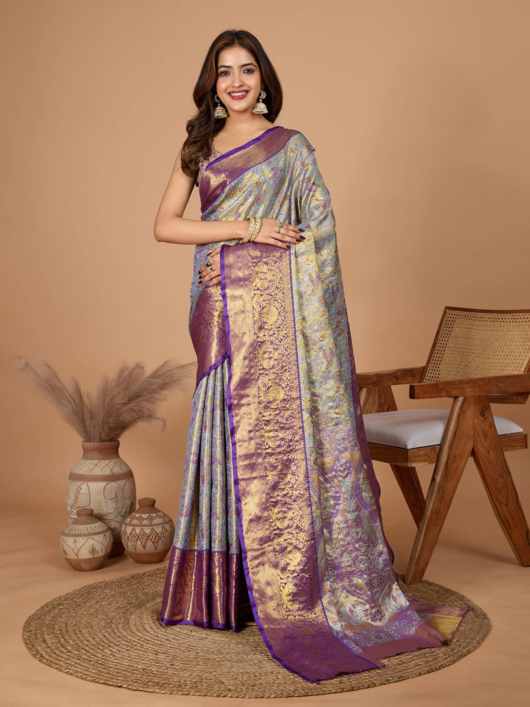     			Rangtulika Ethnics Silk Printed Banarasi saree With Unstitched Blouse Piece ( Purple )