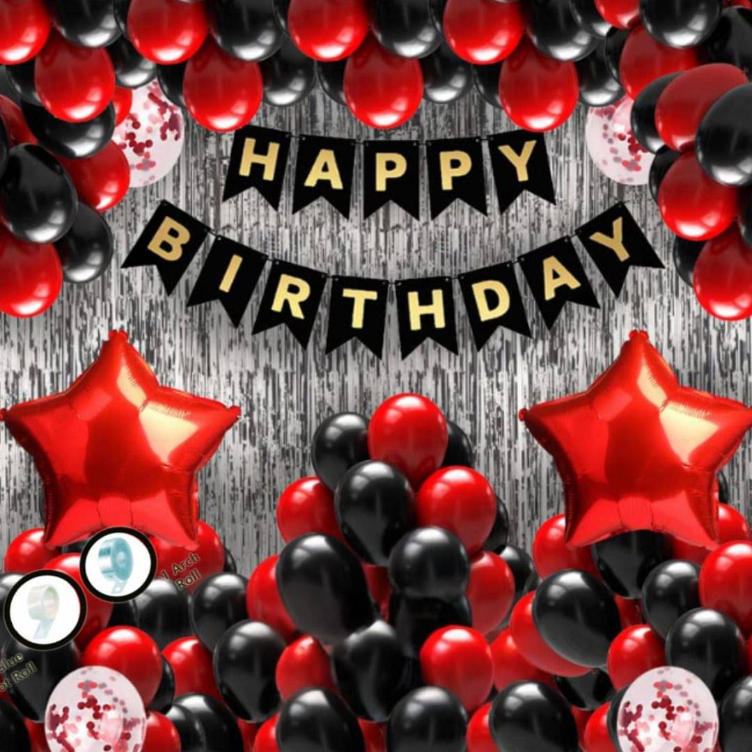     			Red & Black Birthday Combo with HB Banner, Balloons, Red Foil Star, Air Pump