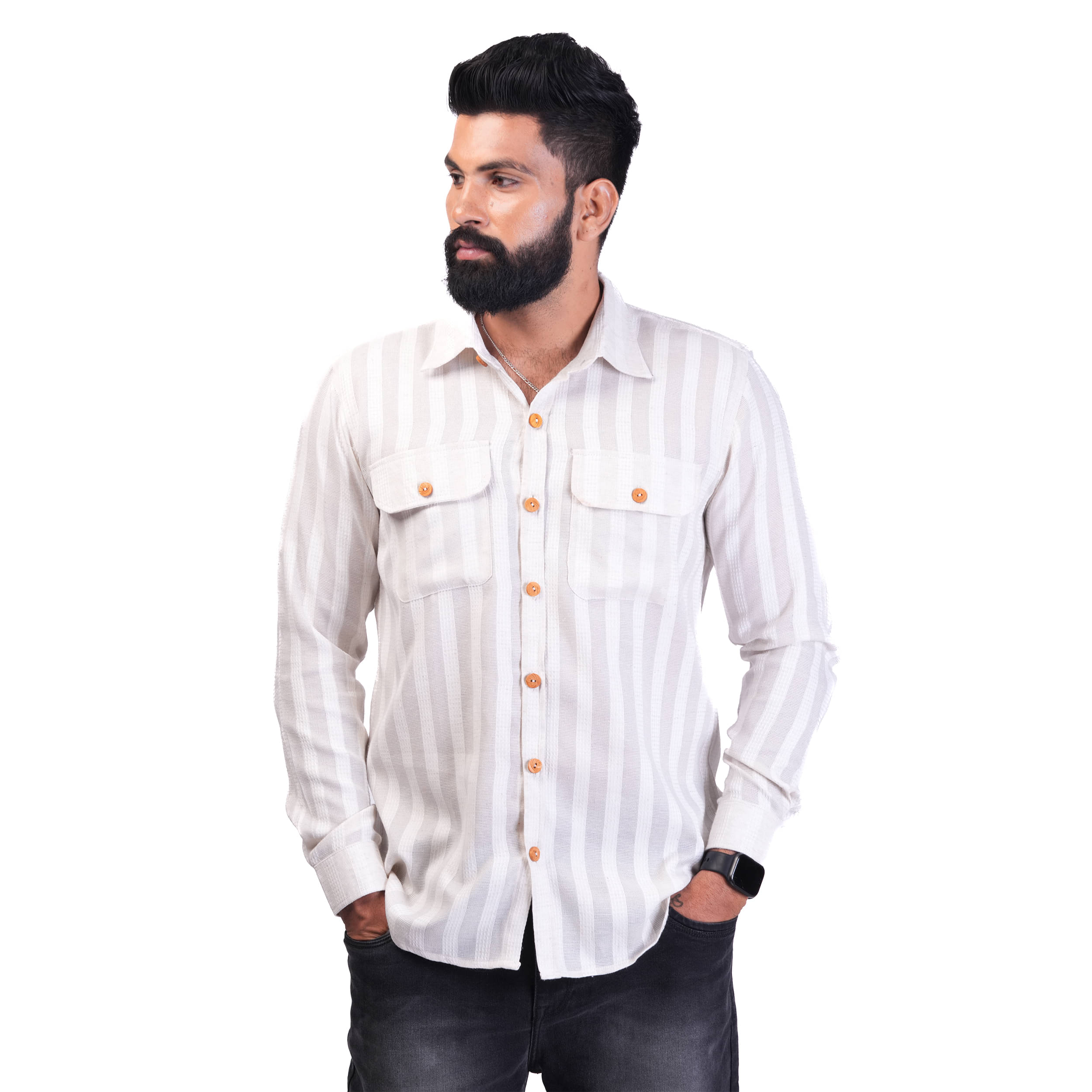     			TAK-DINA-DIN Poly Cotton Regular Fit Striped Full Sleeves Men's Casual Shirt - Off-White ( Pack of 1 )
