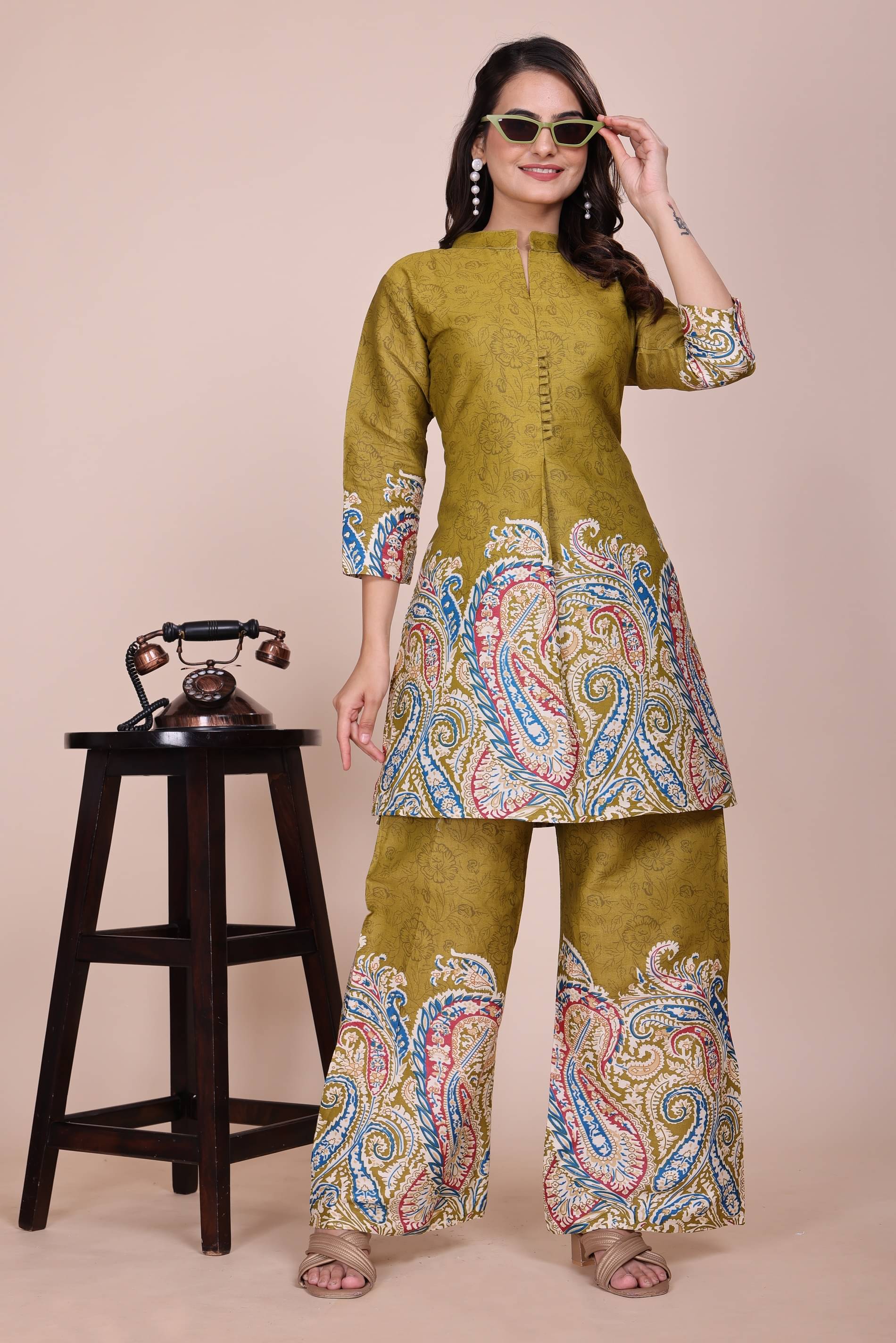     			TechieDesigner Women Printed Top With Palazzos Co-Ord Set ( Lime Green )