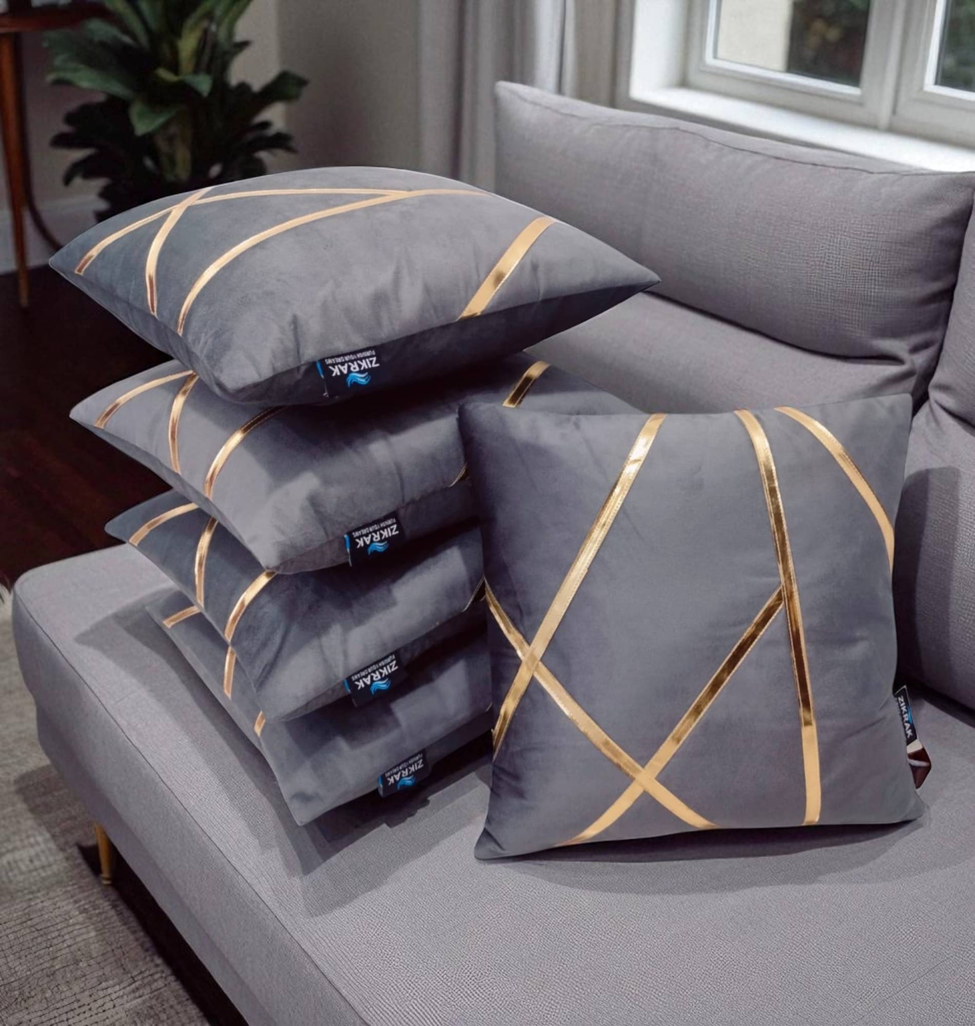     			Zikrak Set of 5 Velvet Abstract Square Cushion Cover (40X40)cm - Gray