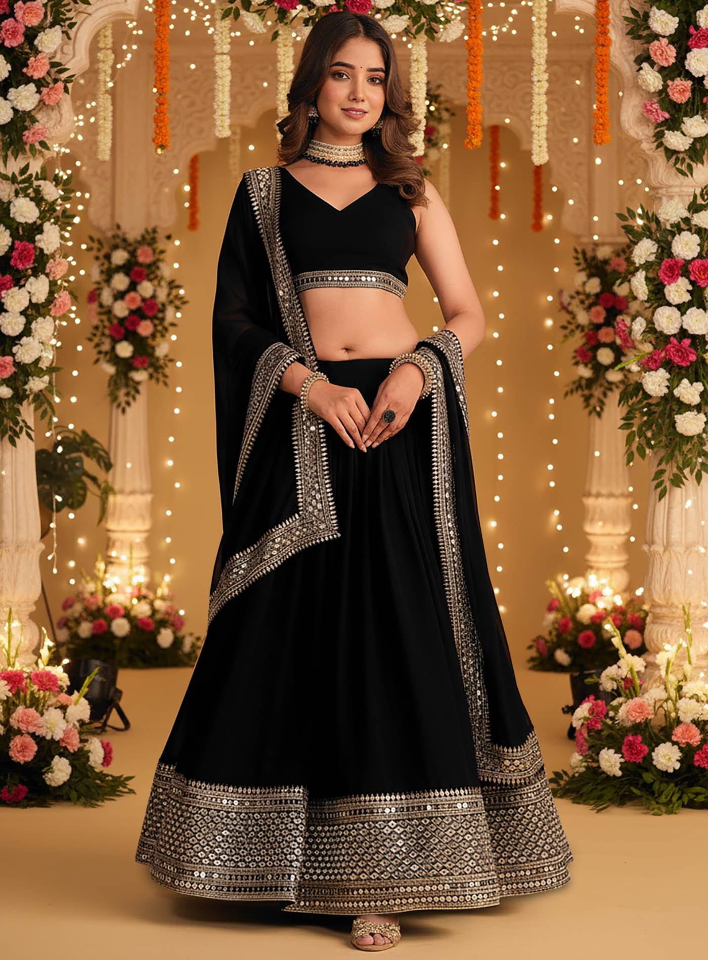     			kedar fab Women Georgette Circular Semi Stitched Lehenga Choli ( Black )
