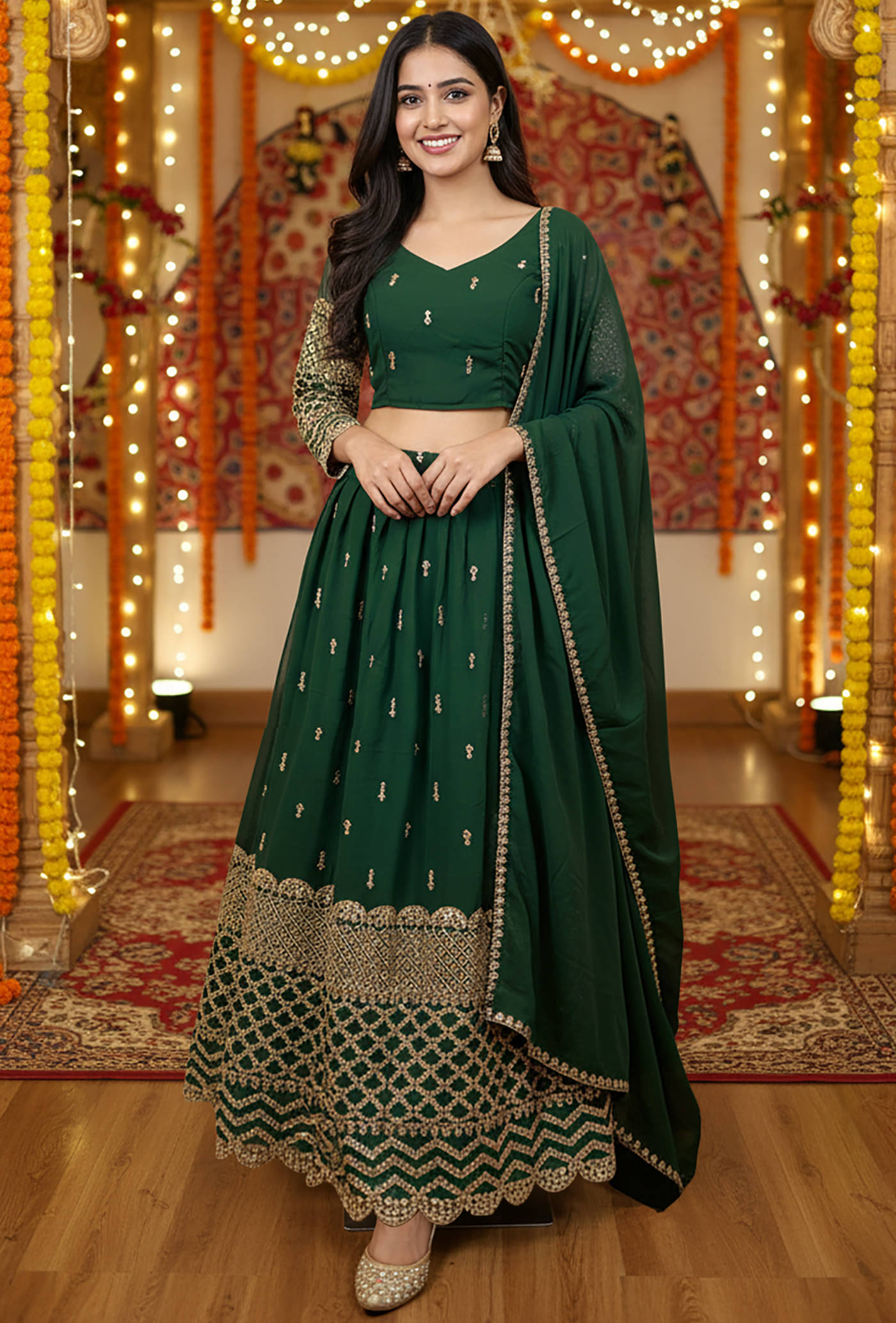     			kedar fab Women Georgette Circular Semi Stitched Lehenga Choli ( Green )