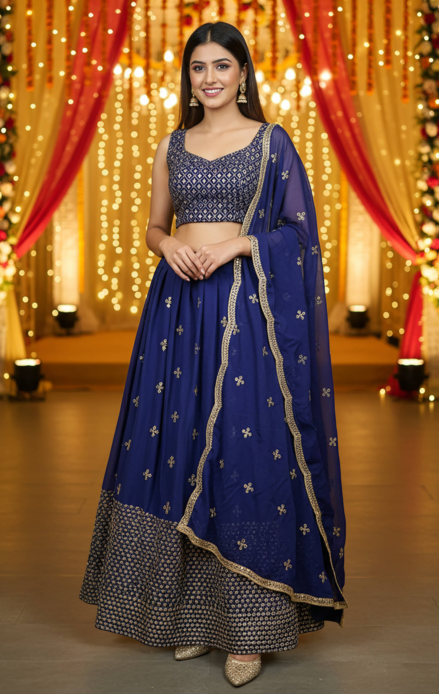     			kedar fab Women Georgette Circular Semi Stitched Lehenga Choli ( Blue )