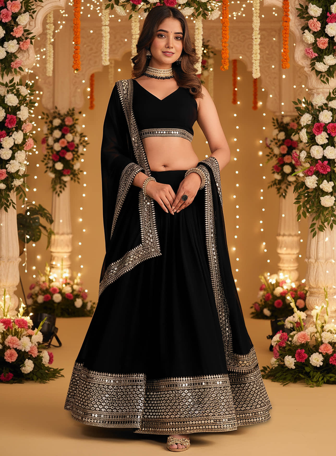 kedar fab Women Georgette Circular Semi Stitched Lehenga Choli ( Black )