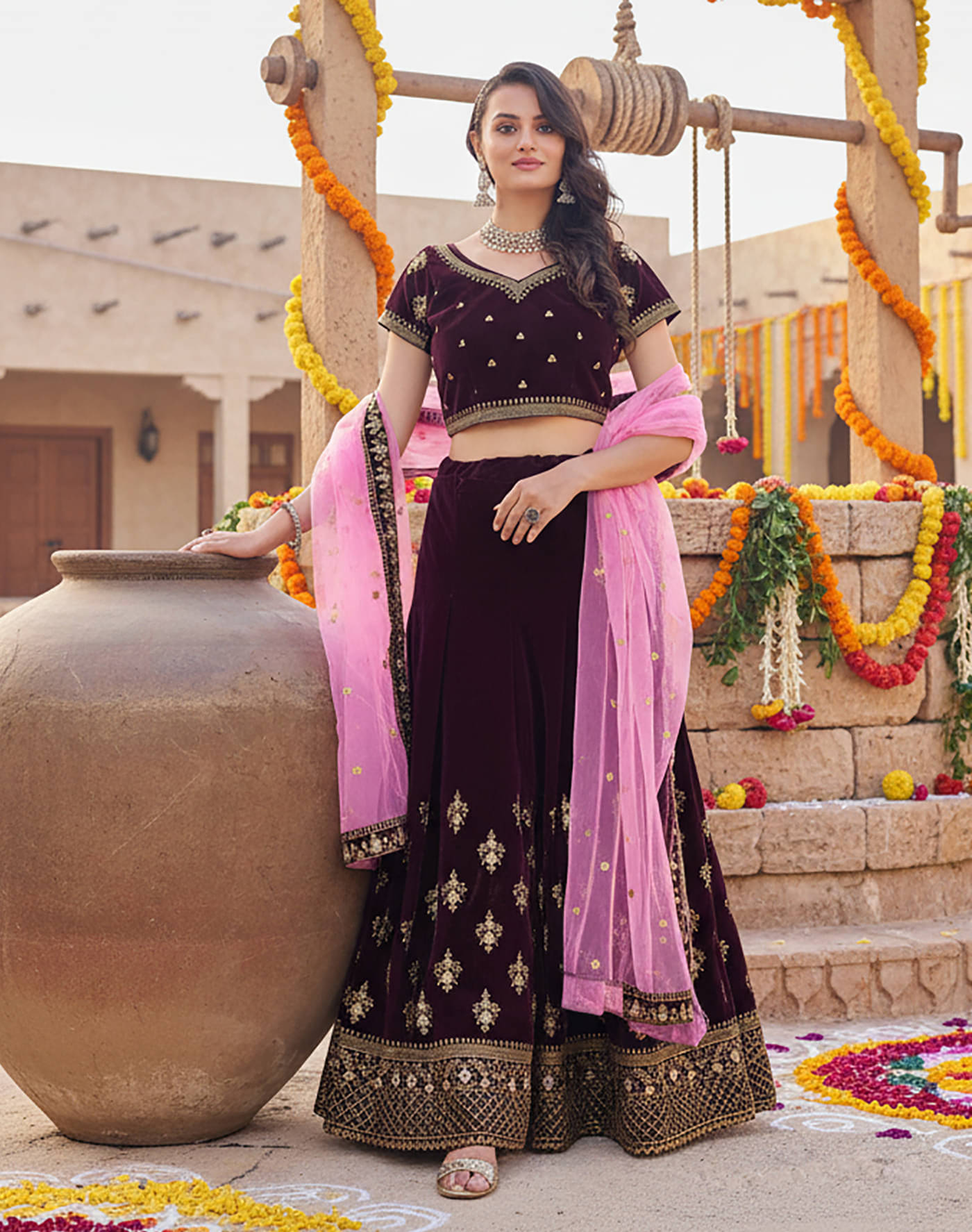 kedar fab Women Velvet Circular Semi Stitched Lehenga Choli ( Purple )     			kedar fab Women Velvet Circular Semi Stitched Lehenga Choli ( Purple )