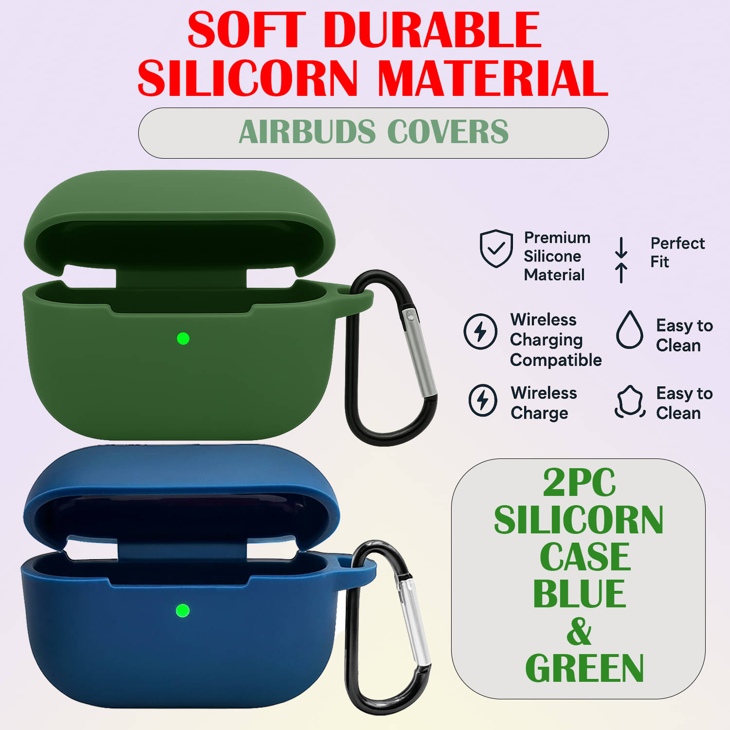     			2 Pack Airbuds Case Cover – Soft, Shockproof, Easy-to-Clean Silicone with Carabiner Clip (Green & Blue)