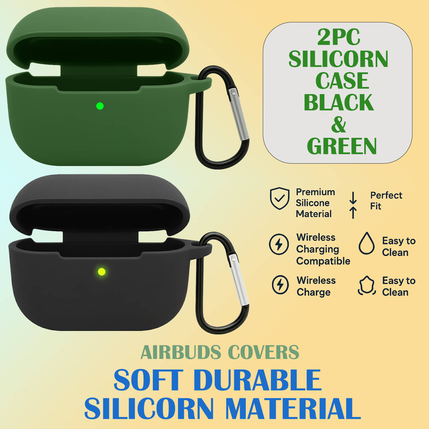     			2 Pack Airbuds Case Covers – Soft Silicone Protective Cases with Carabiner Clip, Wireless Charging Compatible (Black & Green )