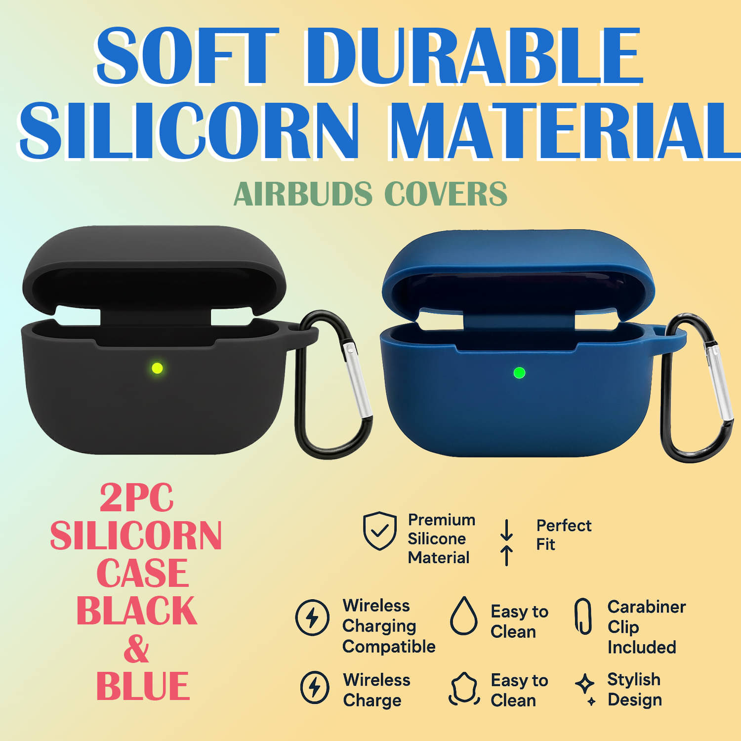     			2 Pack Airbuds Case Covers – Soft Silicone Protective Cases with Carabiner Clip, Wireless Charging Compatible (Black & Blue)