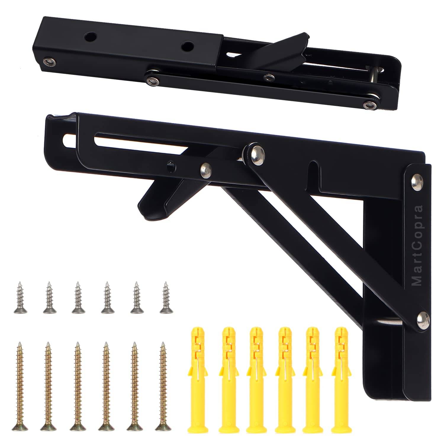     			2X Folding Shelf Brackets 8 Inches, Heavy Duty L Brackets for Shelves, Heavy Duty Floating Shelf Bracket, Black Metal Shelf Brackets & Supports, Locking Folding Table Hinge, Floating Shelf