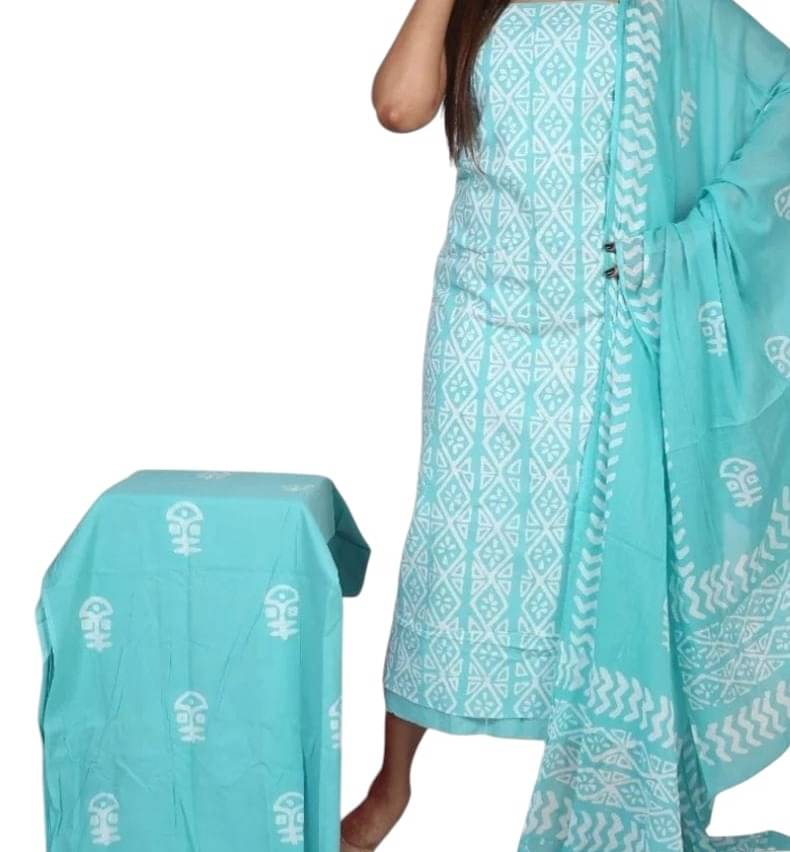 99SHADES Women Cotton Unstitched Dress Material ( Sea Green,White )     			99SHADES Women Cotton Unstitched Dress Material ( Sea Green,White )