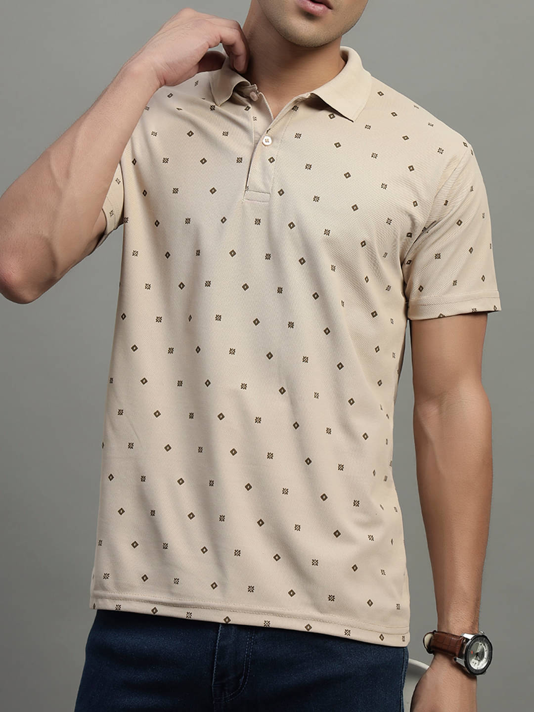     			BLISS BOYS Men Polyester Regular Fit Printed Polo T Shirt ( Beige )
