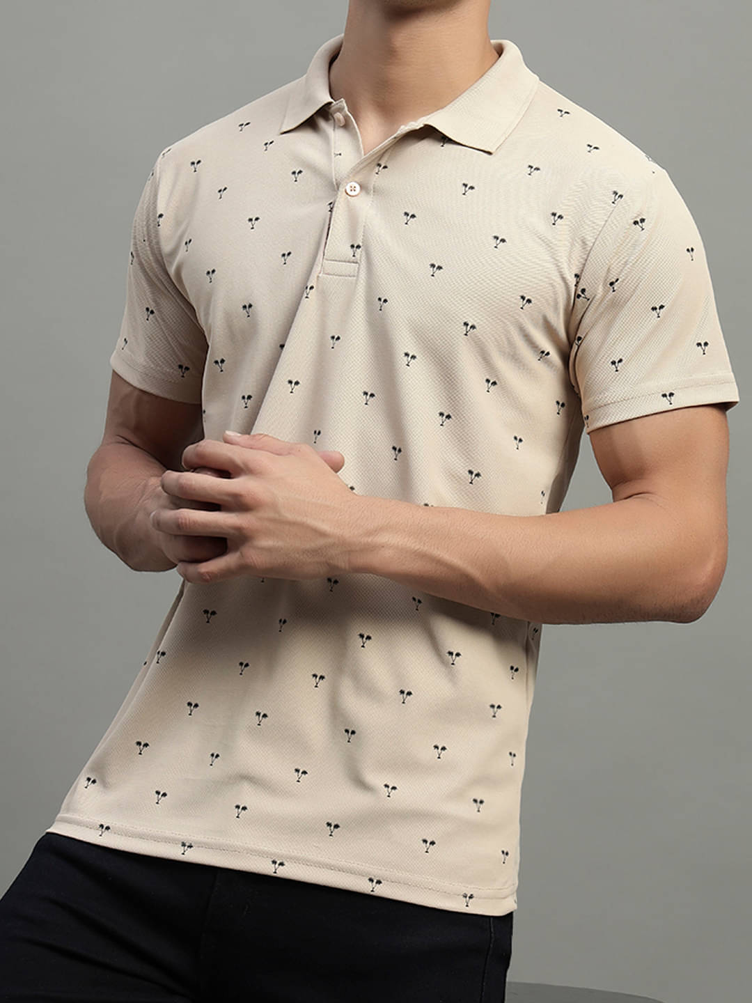 BLISS BOYS Men Polyester Regular Fit Printed Polo T Shirt ( Beige )     			BLISS BOYS Men Polyester Regular Fit Printed Polo T Shirt ( Beige )
