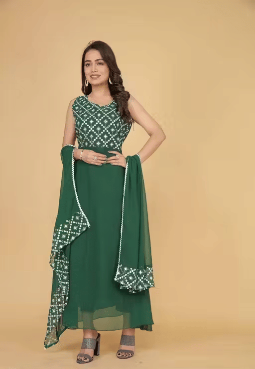 DEEP STITCHING Women Georgette Anarkali Stitched Ethnic Gown ( Green ) DEEP STITCHING Women Georgette Anarkali Stitched Ethnic Gown ( Green )