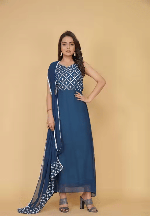DEEP STITCHING Women Georgette Anarkali Stitched Ethnic Gown ( Teal ) DEEP STITCHING Women Georgette Anarkali Stitched Ethnic Gown ( Teal )