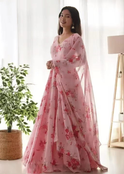 DEEP STITCHING Women Georgette Anarkali Stitched Ethnic Gown ( Peach )     			DEEP STITCHING Women Georgette Anarkali Stitched Ethnic Gown ( Peach )