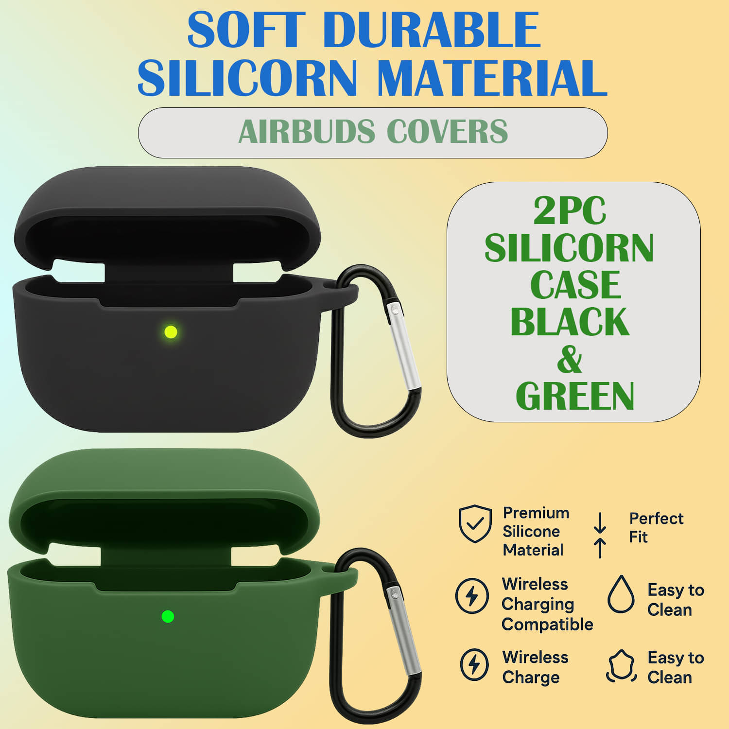     			Durable Silicone Airbuds Cover – Shockproof, Dust Resistant, Easy Clean, Carabiner Clip, Pack of 2 (Black & Green)