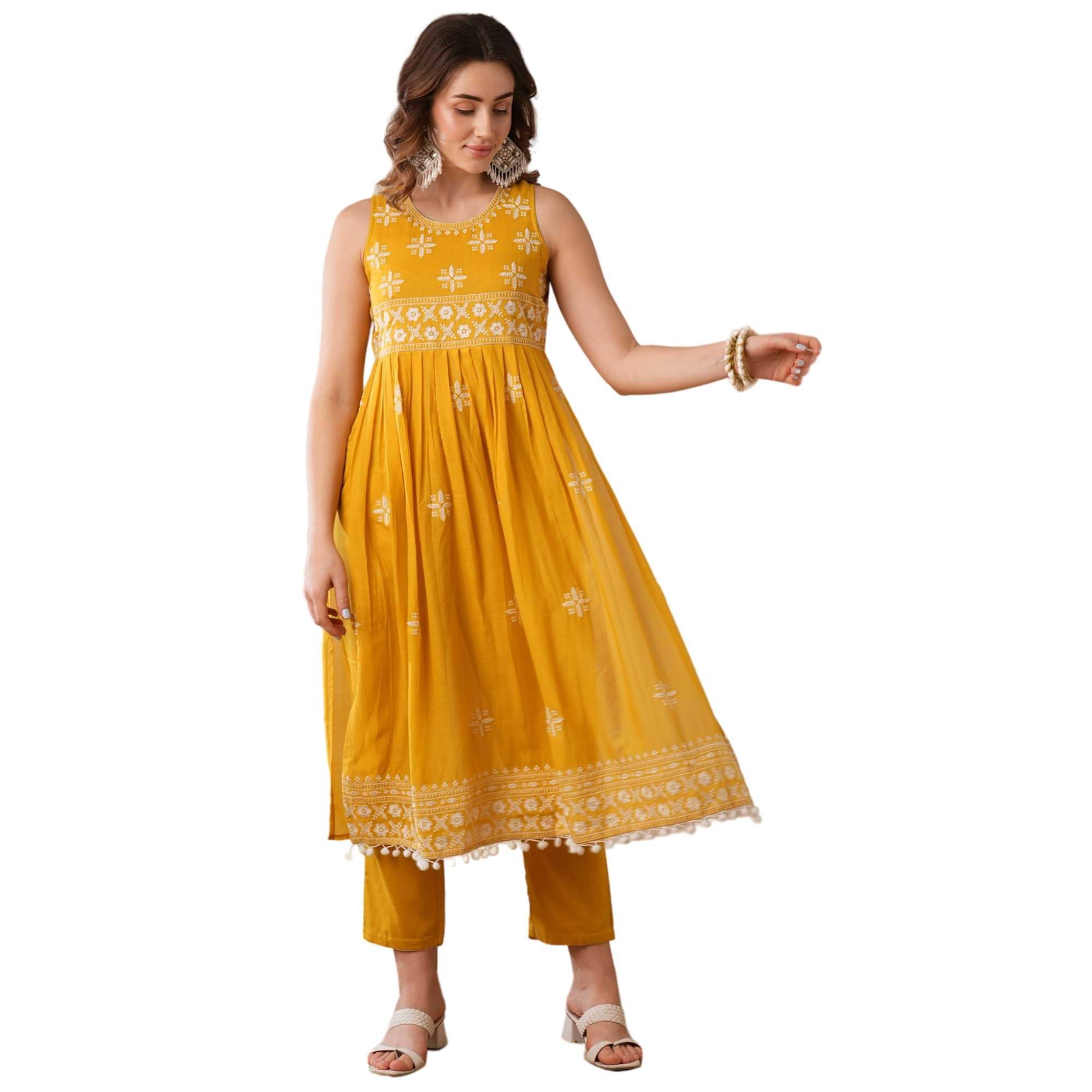    			Globus Women Cotton Embroidered A-line Kurti with Pants ( Mustard )