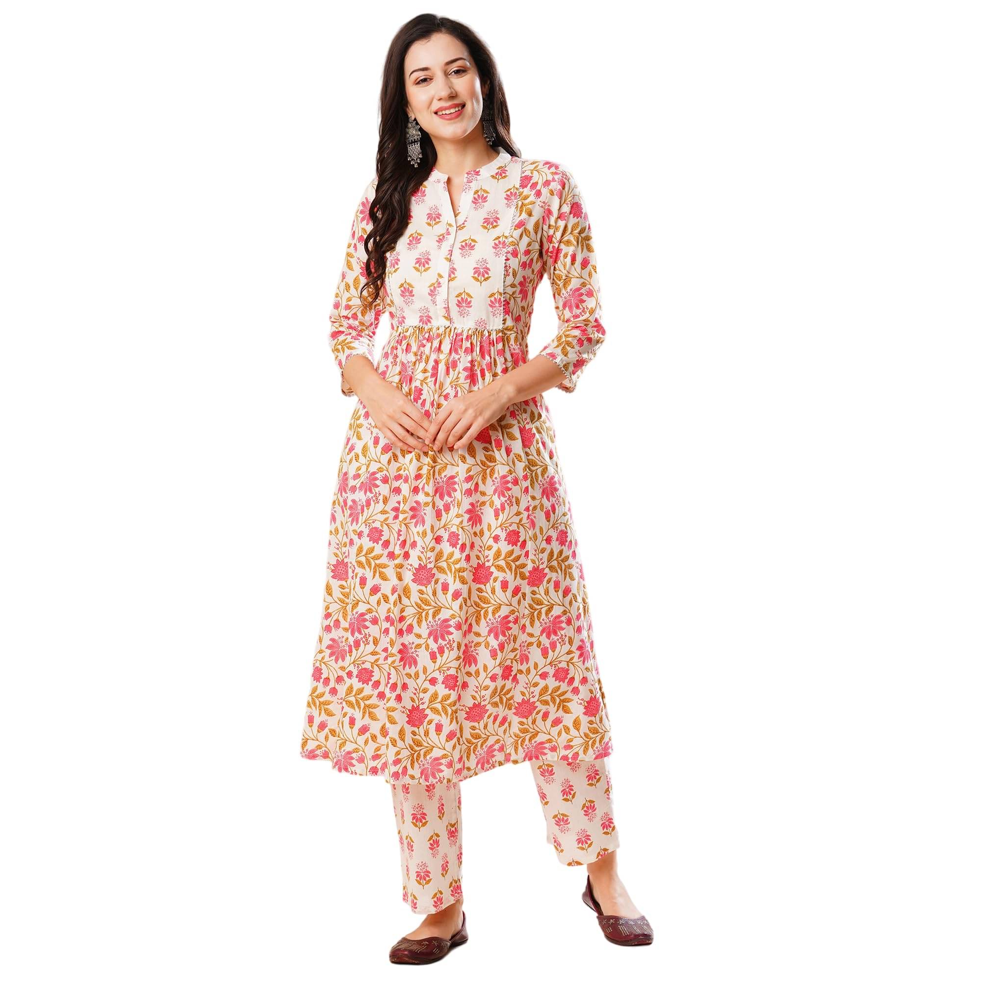 Globus Women Cotton Printed A-line Kurti with Pants ( Off White ) Globus Women Cotton Printed A-line Kurti with Pants ( Off White )