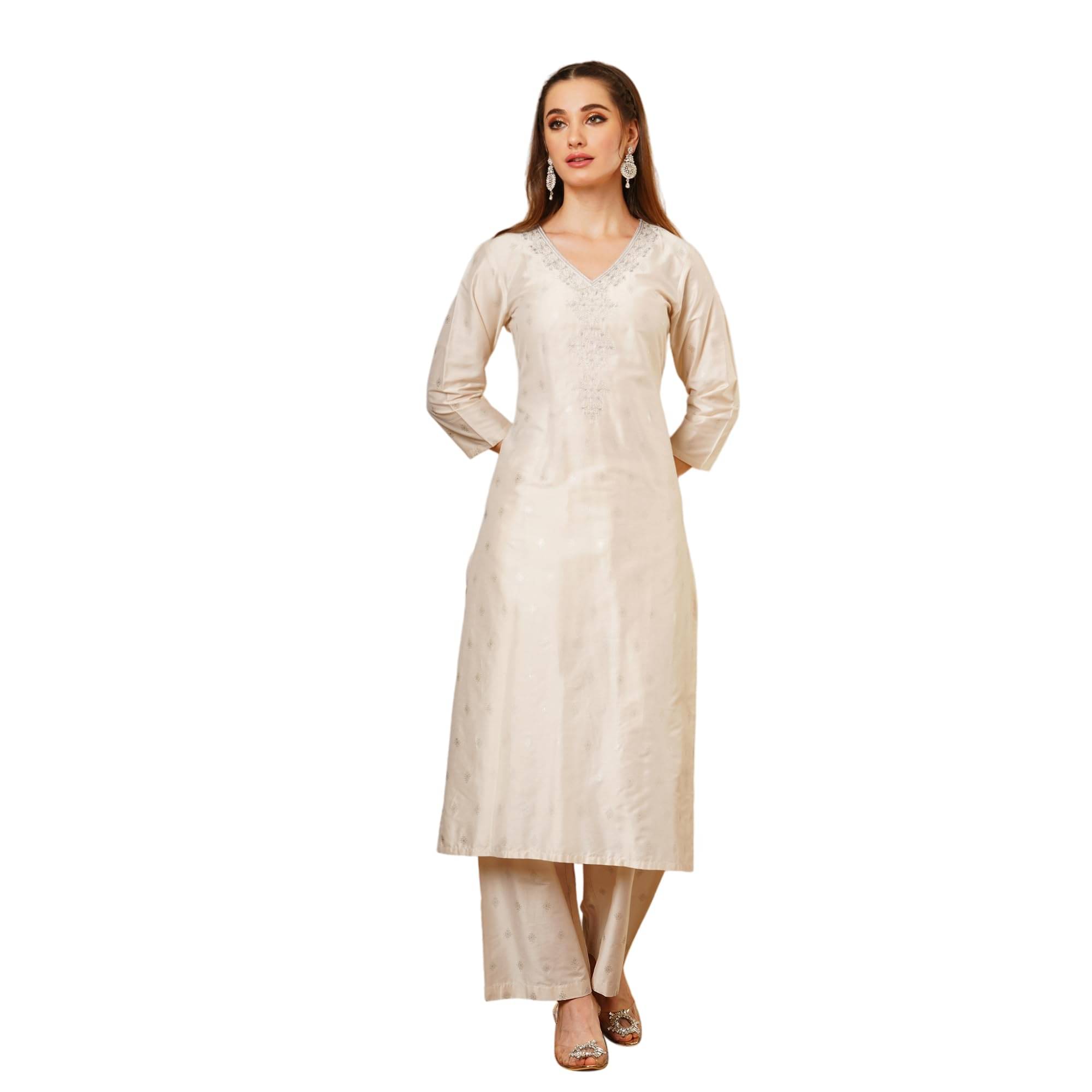     			Globus Women Viscose Embroidered Straight Kurti with Palazzo ( Brown )