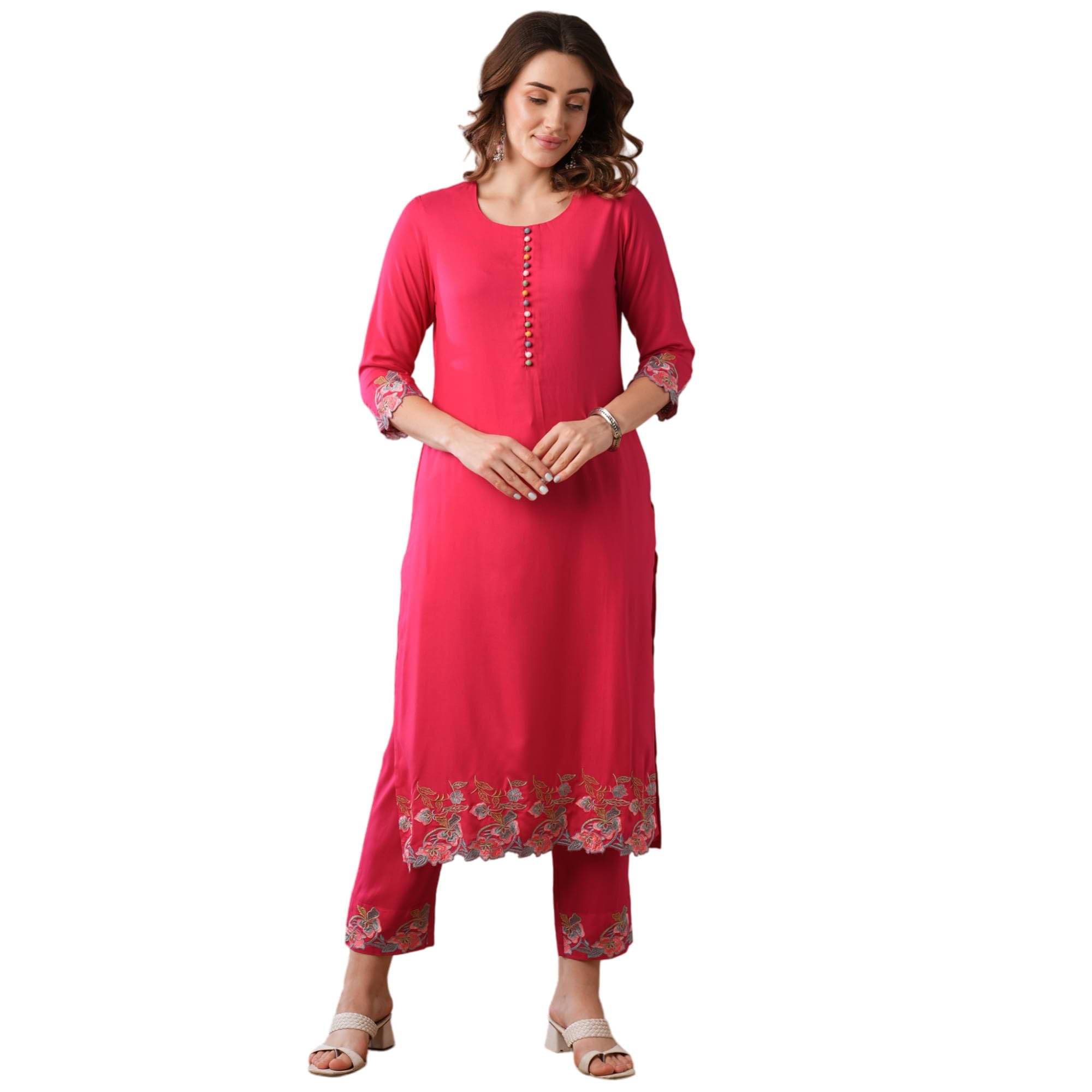     			Globus Women Viscose Solid Straight Kurti with Pants ( Pink )