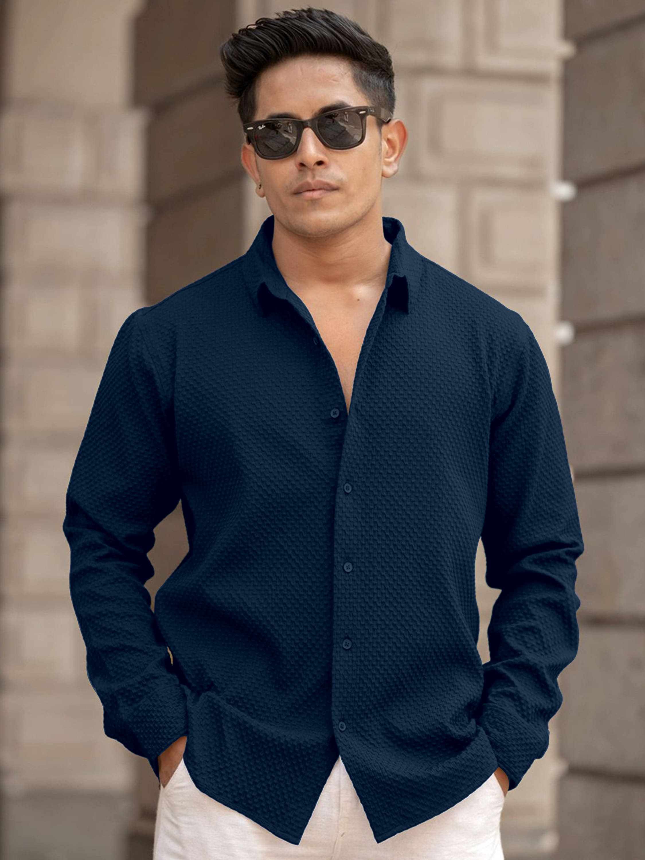     			KAKIDO Cotton Blend Regular Fit Self Design Full Sleeves Men's Casual Shirt - Navy Blue ( Pack of 1 )