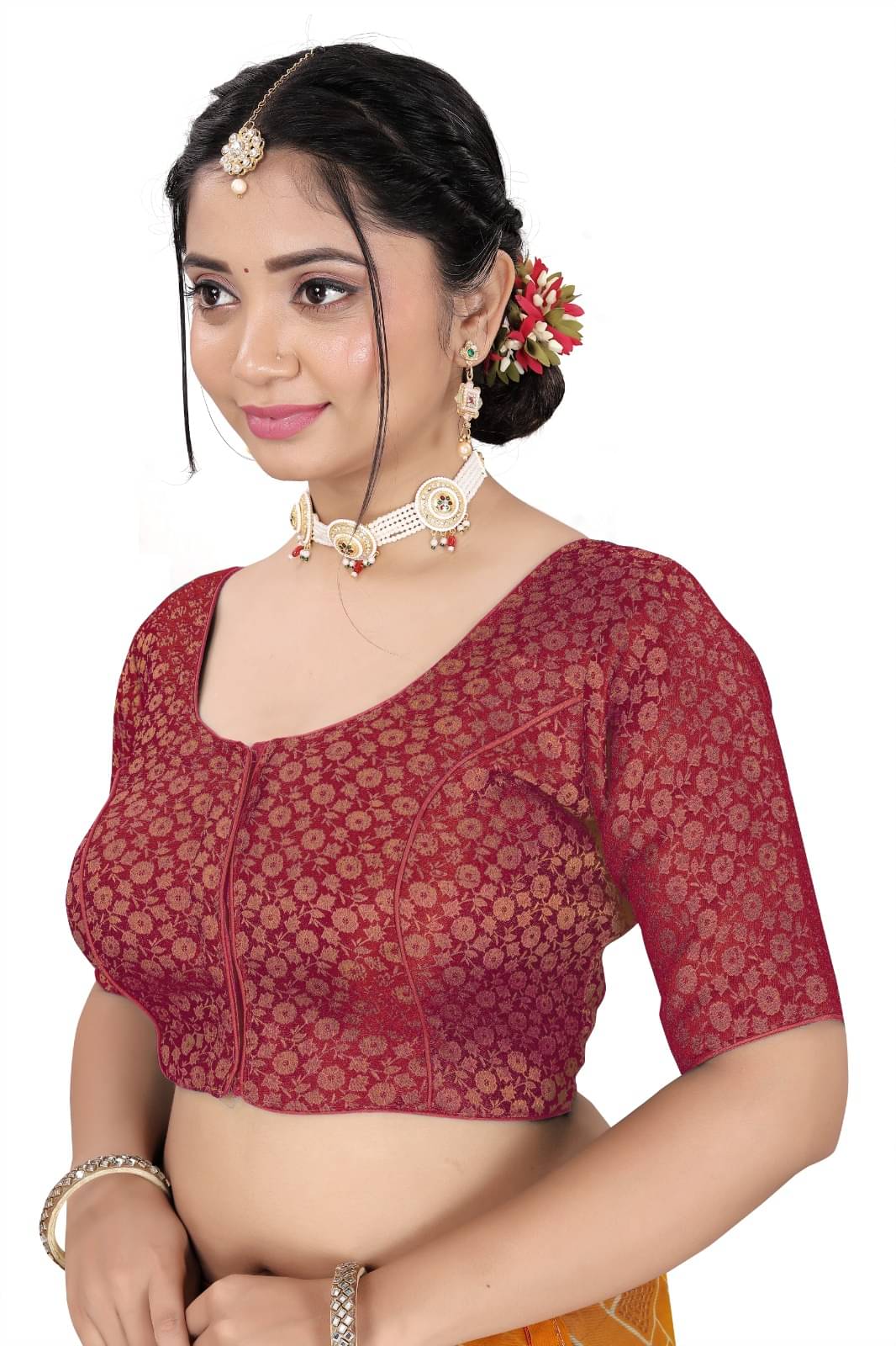     			KALAVATI FASHION Brocade Readymade with Pad Round Neck Women's Blouse ( Maroon )