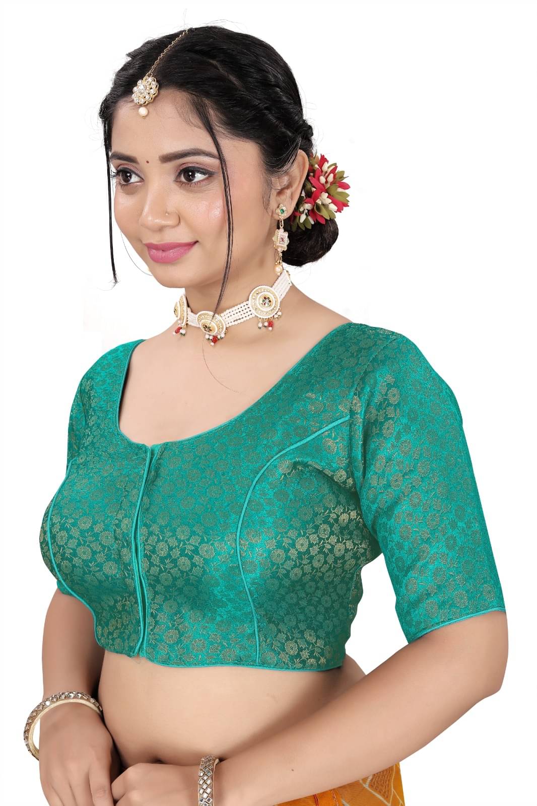     			KALAVATI FASHION Brocade Readymade with Pad Round Neck Women's Blouse ( Teal )