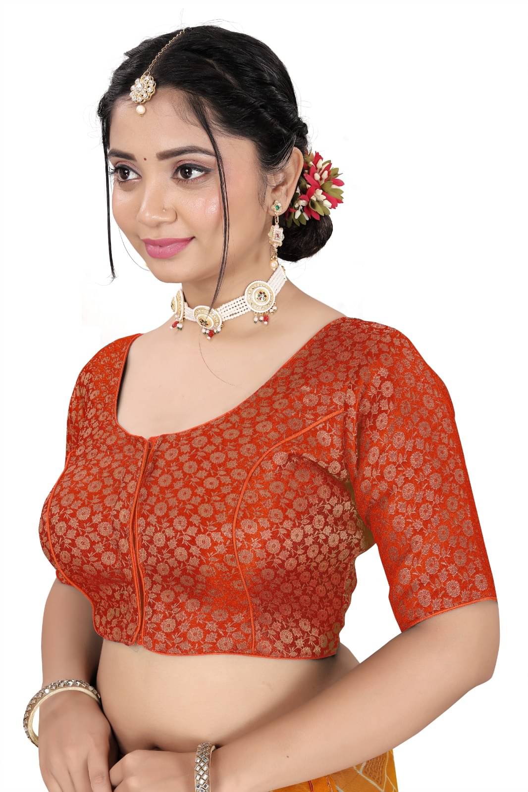     			KALAVATI FASHION Brocade Readymade with Pad Round Neck Women's Blouse ( Red )