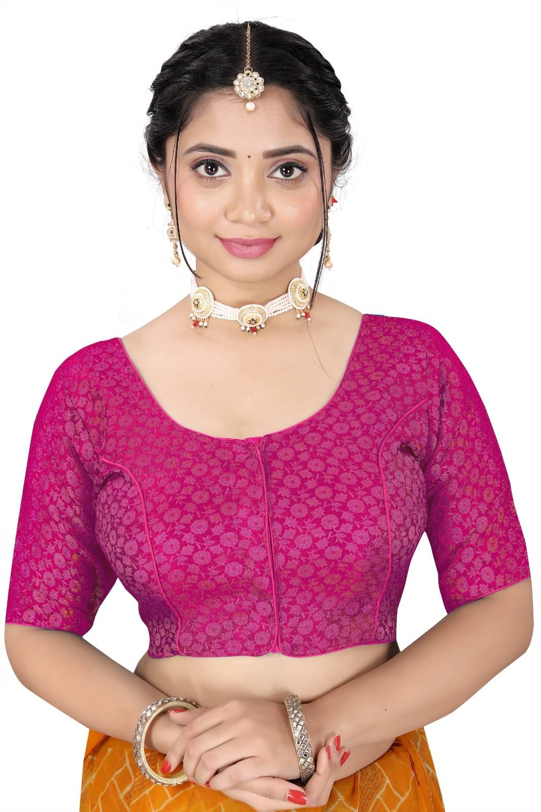     			KALAVATI FASHION Brocade Readymade with Pad Round Neck Women's Blouse ( Rani )