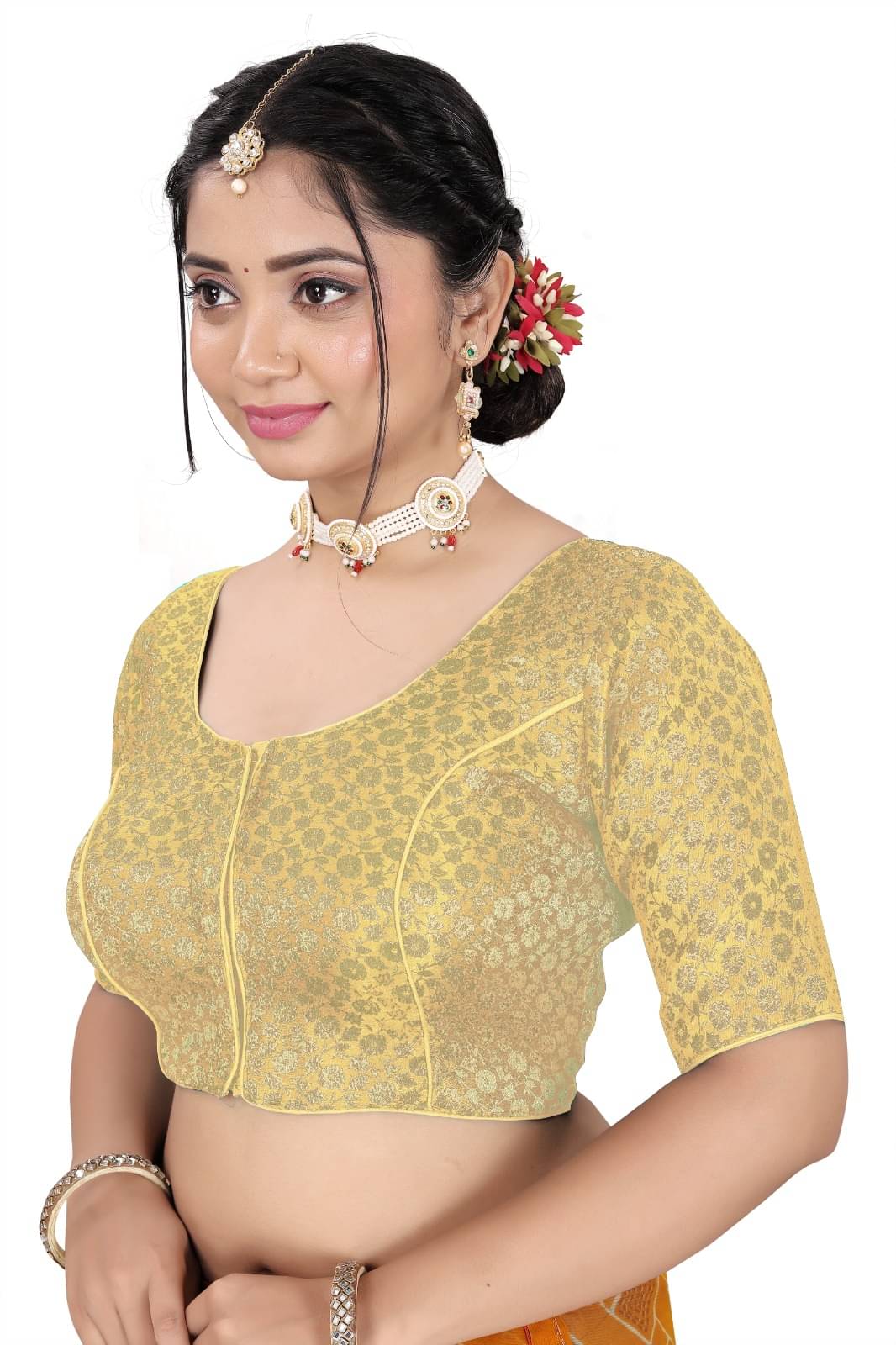     			KALAVATI FASHION Brocade Readymade with Pad Round Neck Women's Blouse ( Gold )
