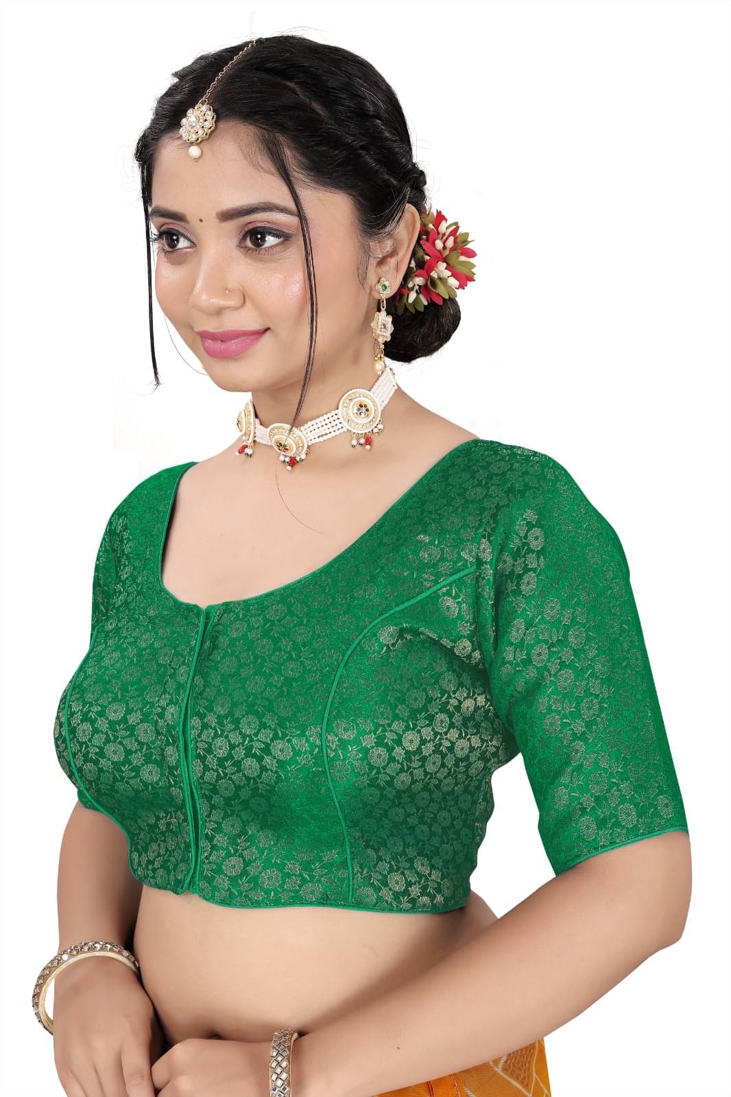     			KALAVATI FASHION Brocade Readymade with Pad Round Neck Women's Blouse ( Green )